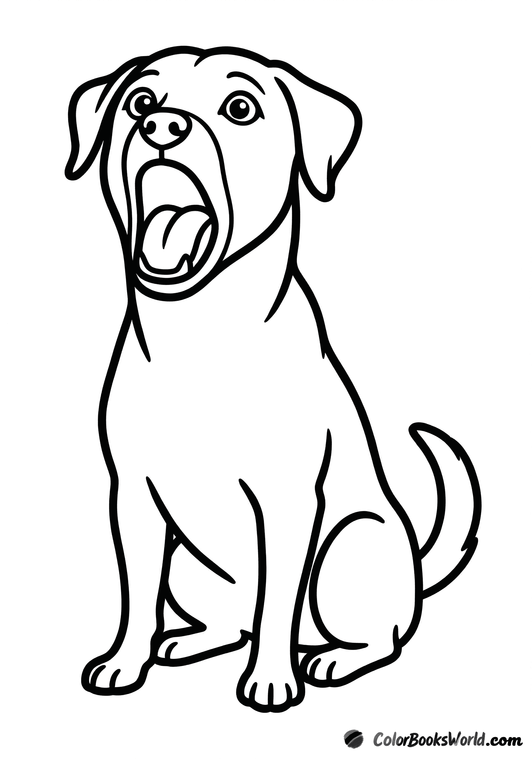 A friendly dog sits upright with its mouth open, as if barking or talking.