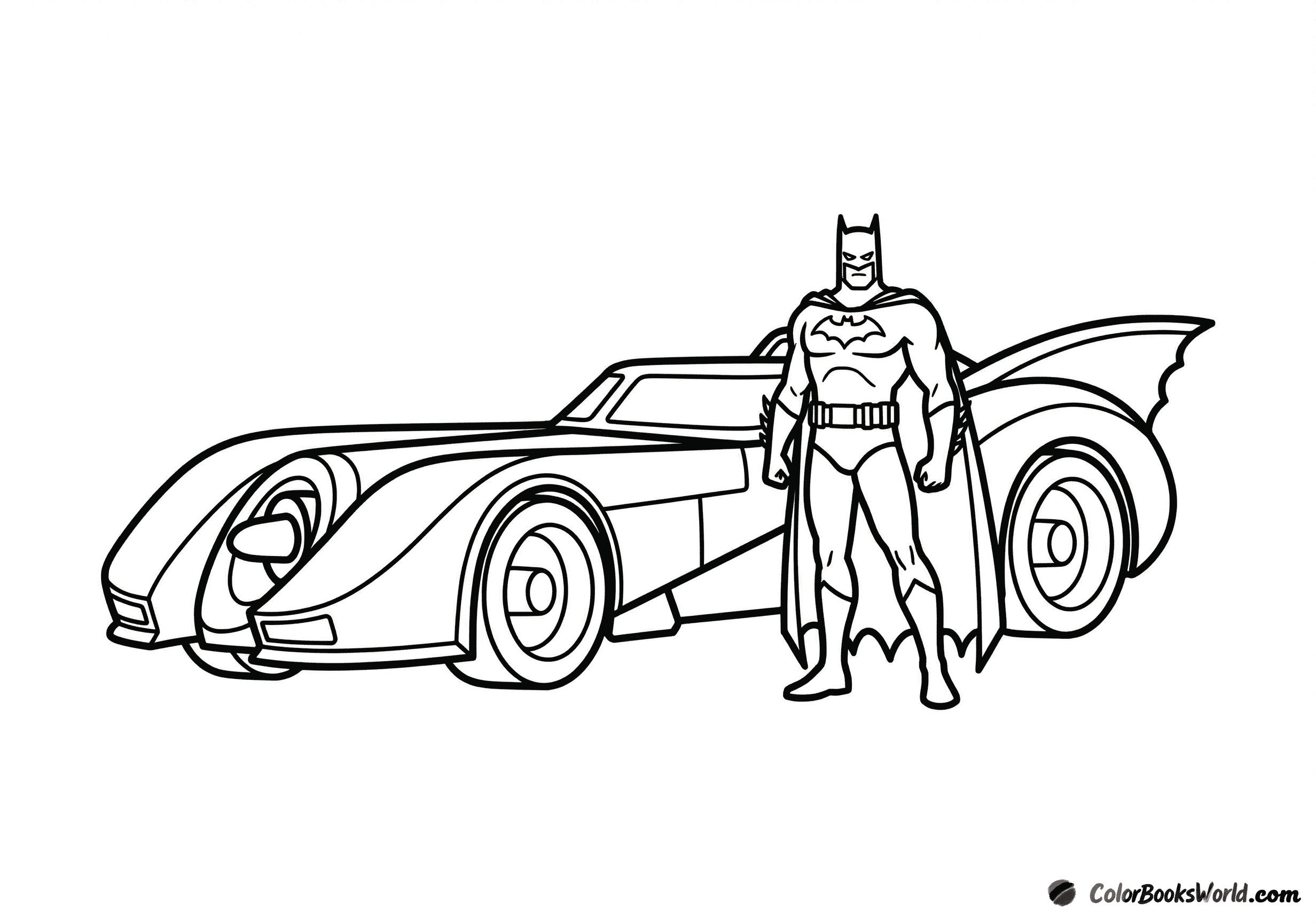 Batman è in piedi con sicurezza accanto alla Batmobile in una scena pulita e stilizzata.