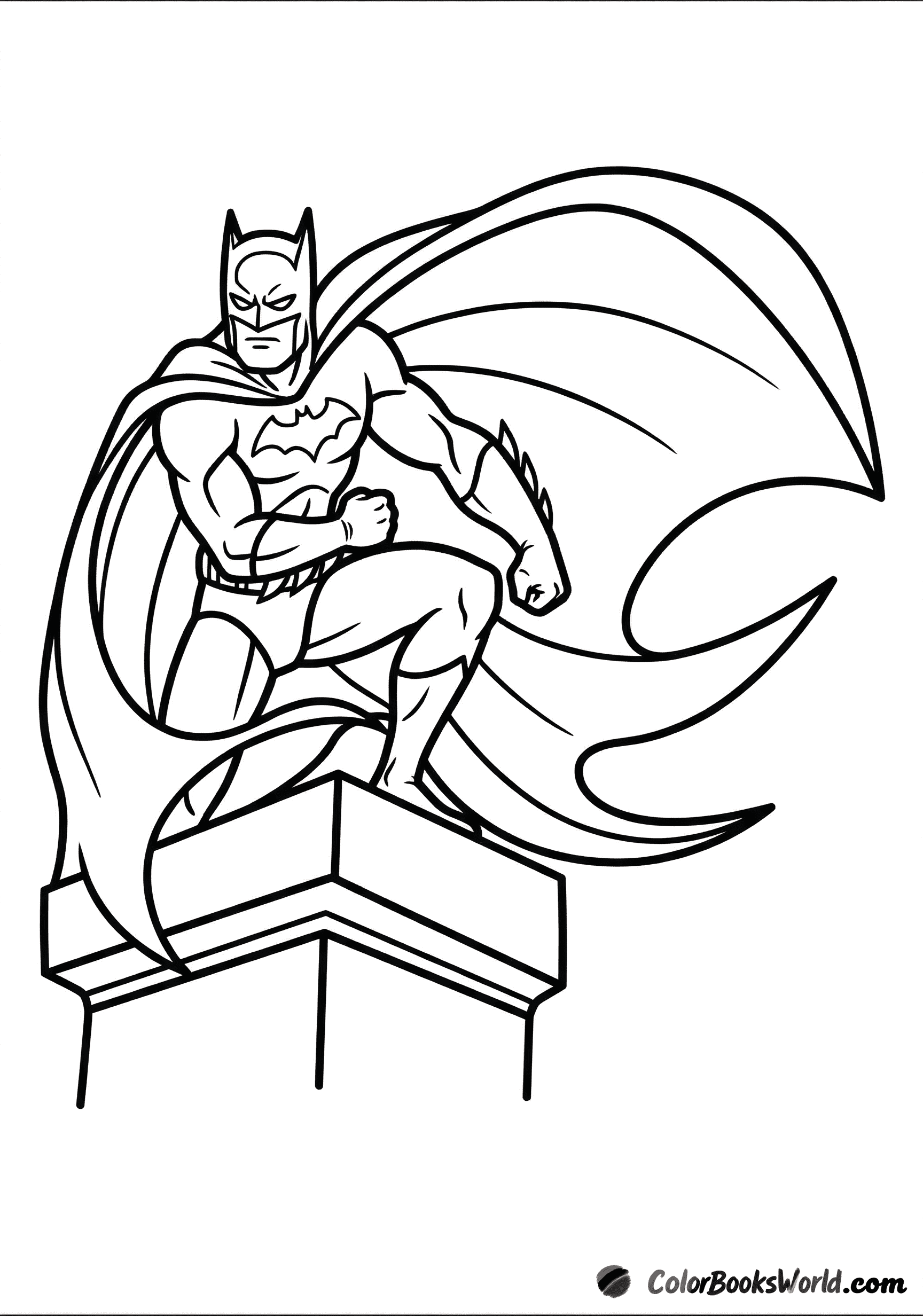 Batman perched on a rooftop ledge, cape flowing as he watches over the city.