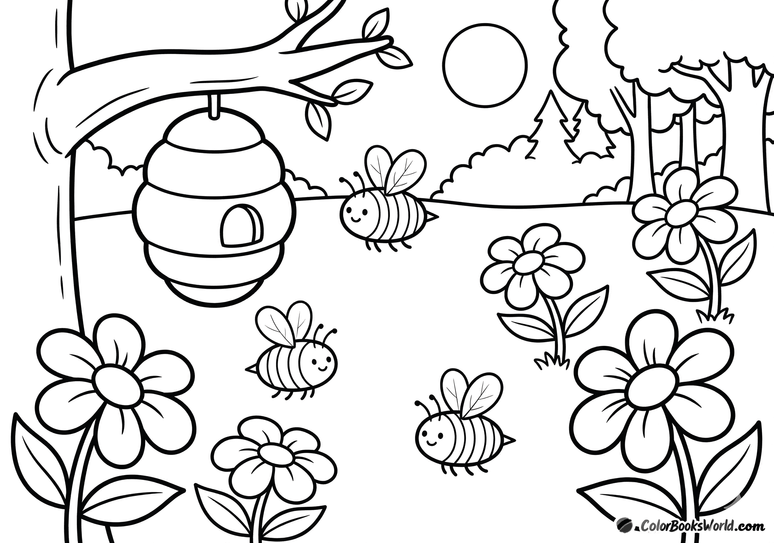 Un alveare appeso a un ramo con tre api a fumetti e grandi fiori in una radura.