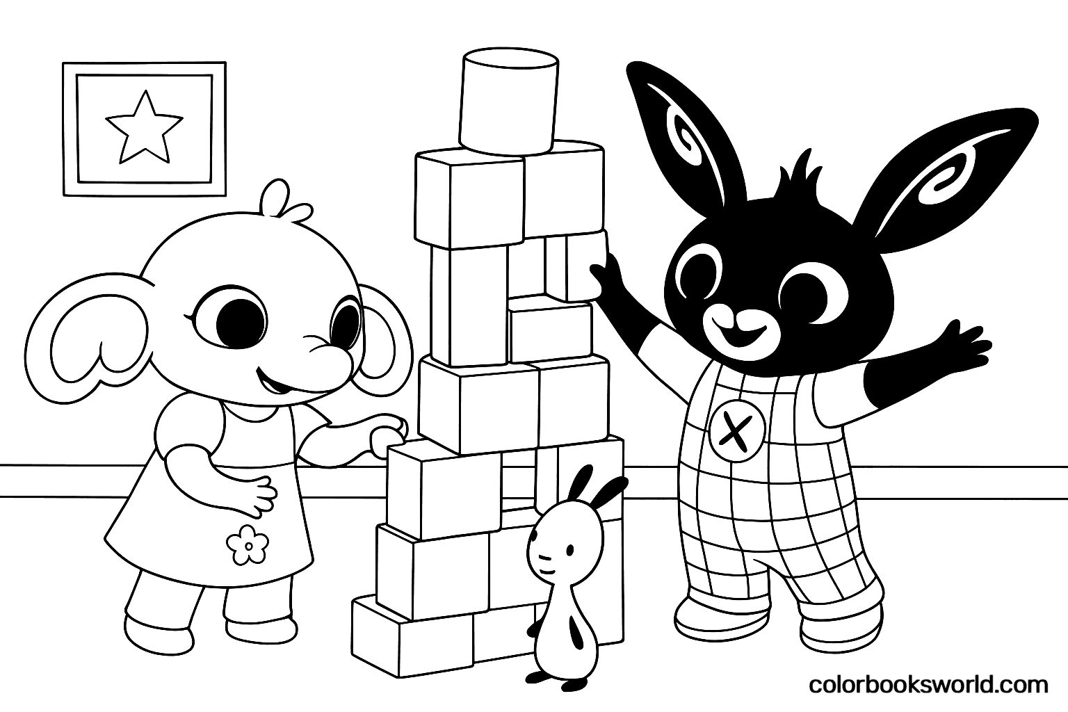 Bing and Sula stack blocks into a tall tower while a small toy rabbit stands at the base.