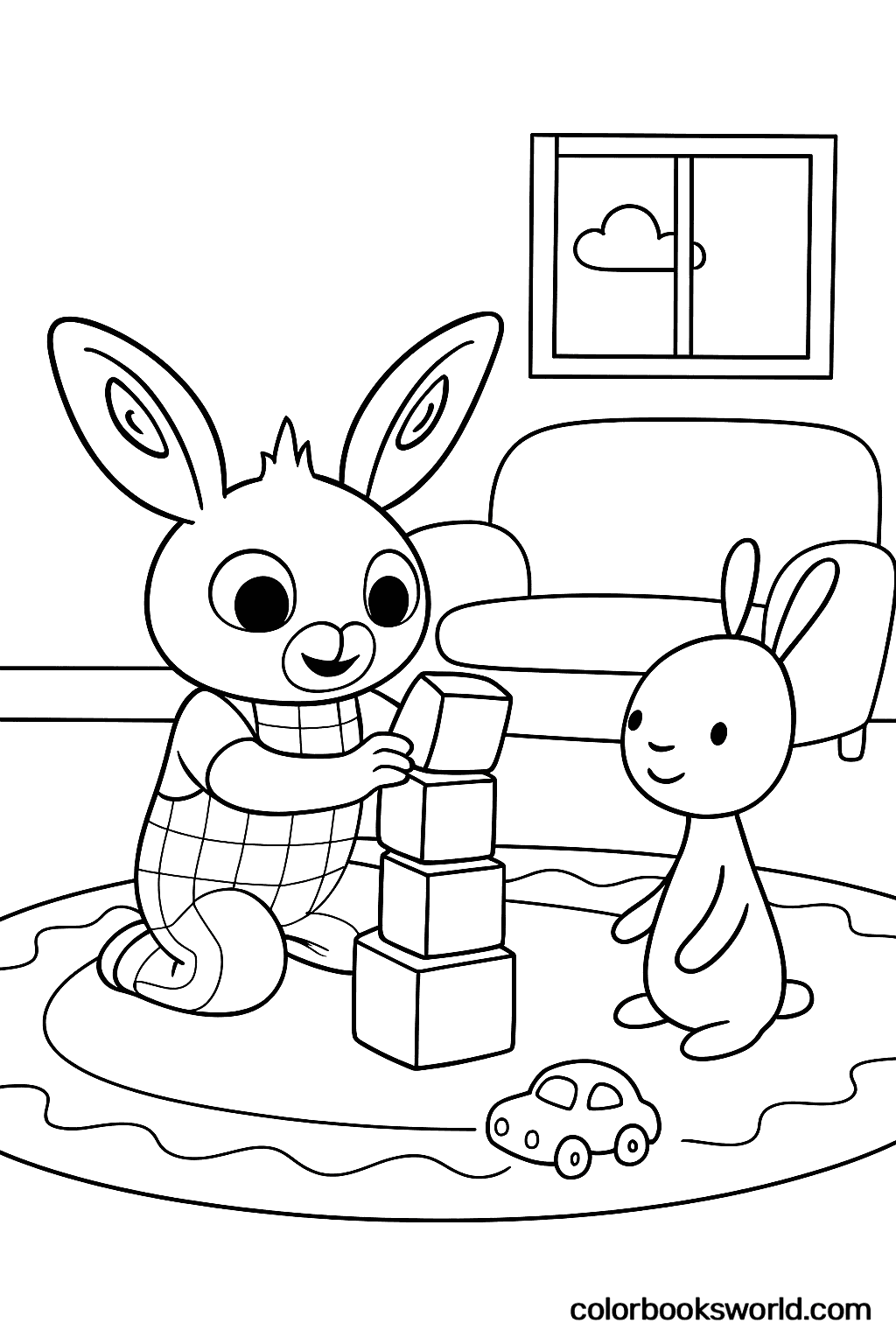 Bing the bunny stacks toy blocks on a round rug while a small rabbit friend watches in the living room.