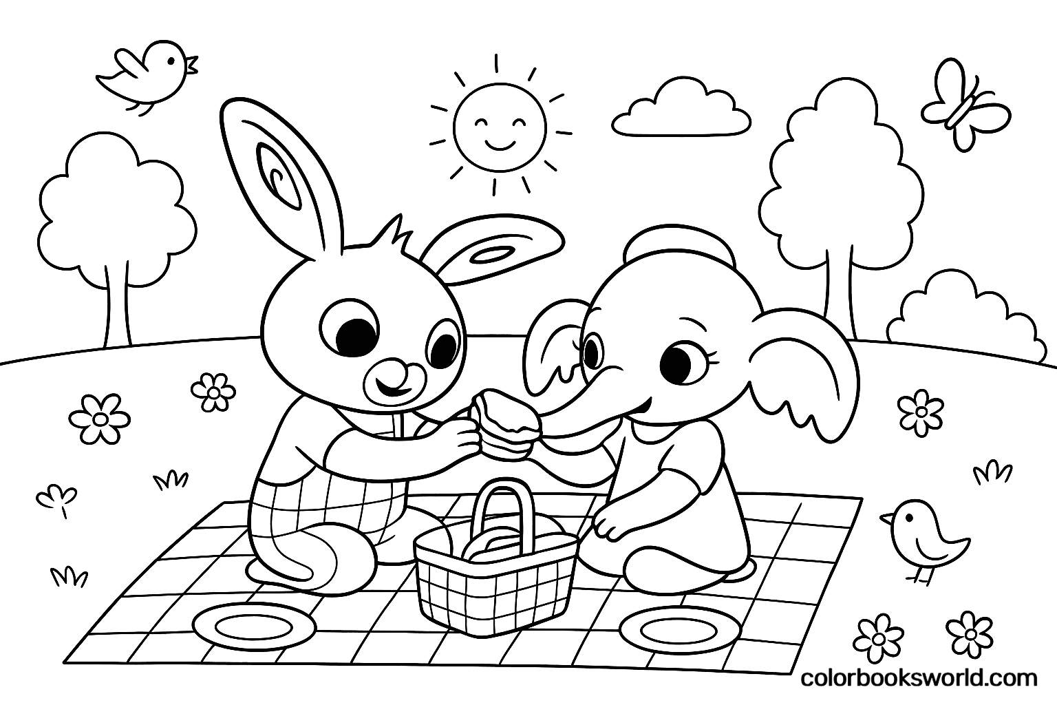 Bing the bunny and Sula the elephant share a sandwich on a checkered blanket in a sunny park.