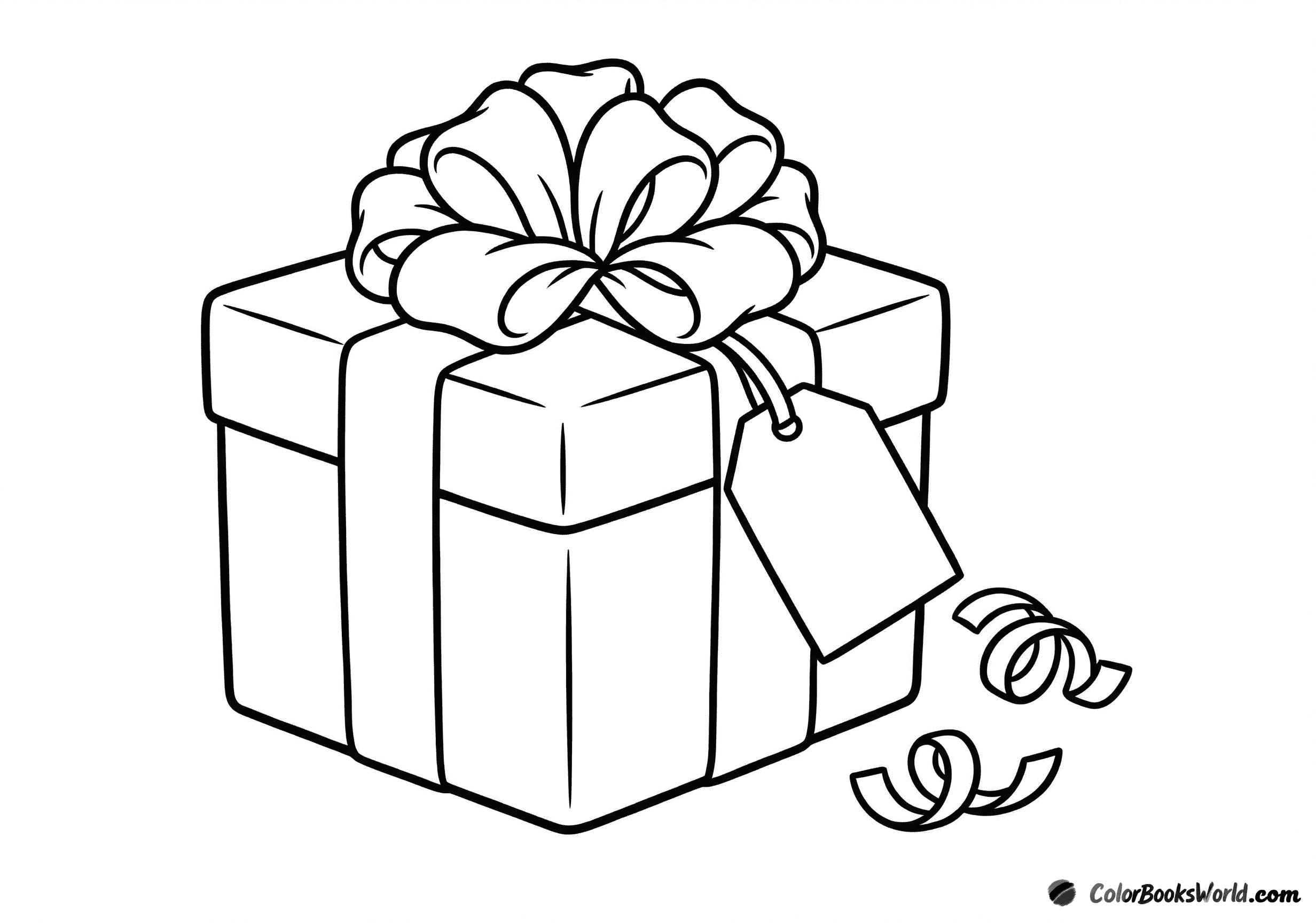 En indpakket gaveæske med stor sløjfe, tomt mærke og to krøllede bånd.