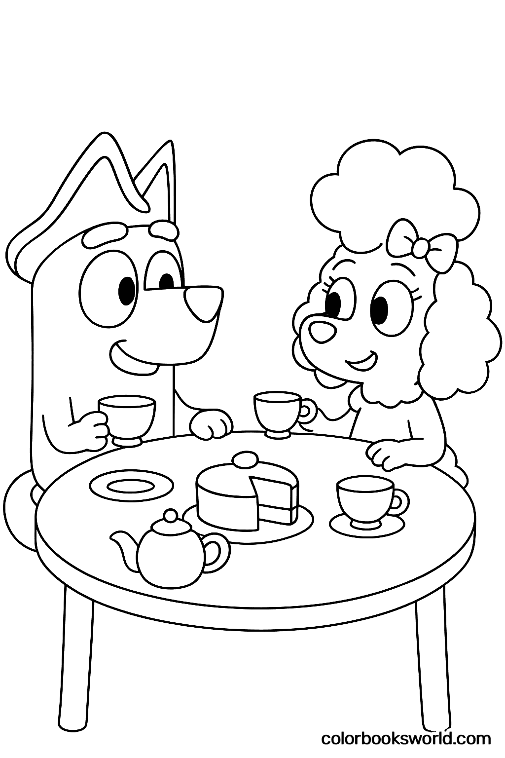 Bluey och Coco sitter vid ett runt bord med koppar, tekanna och en bit tårta.