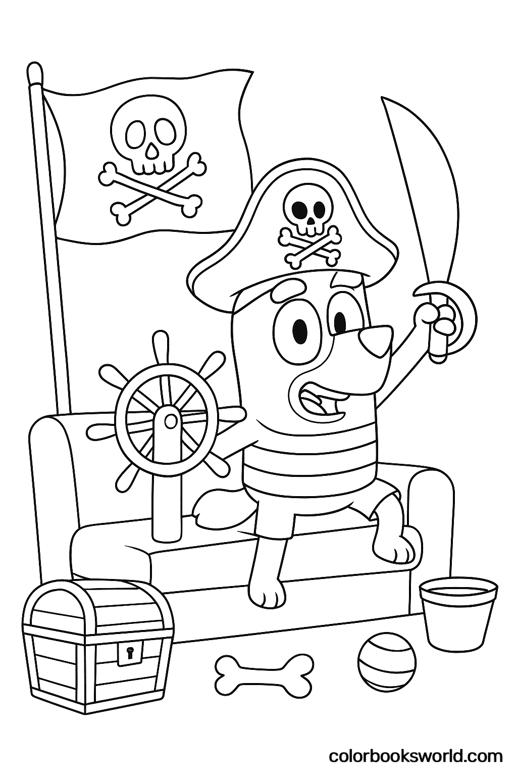Bluey dressed as a pirate stands on a couch-ship holding a cutlass beside a treasure chest and toys.