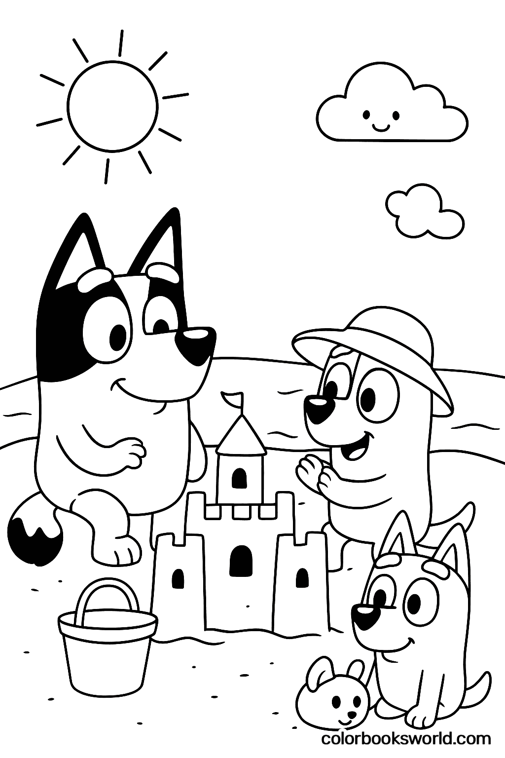 Bluey, Bingo and Bandit build a sandcastle on the beach with a bucket and a toy nearby.