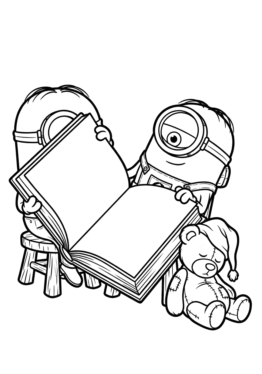 Bob sits on a small stool reading a large open picture book, with a sleepy teddy beside him.