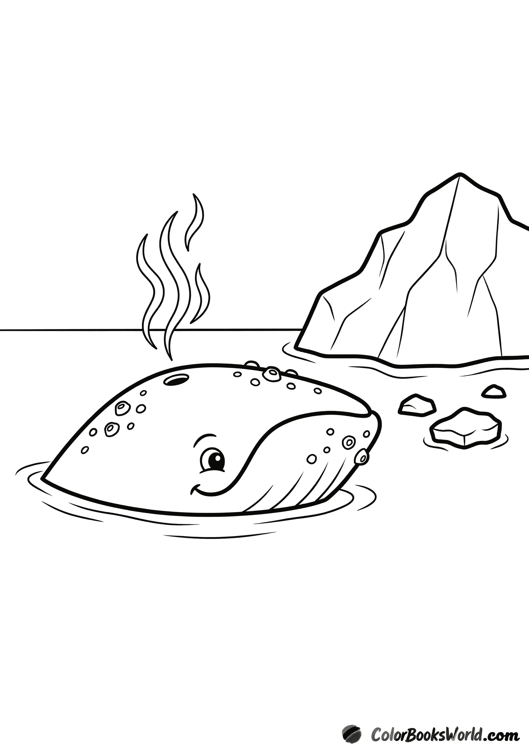 A bowhead whale surfaces in Arctic water beside a large iceberg and small ice chunks.