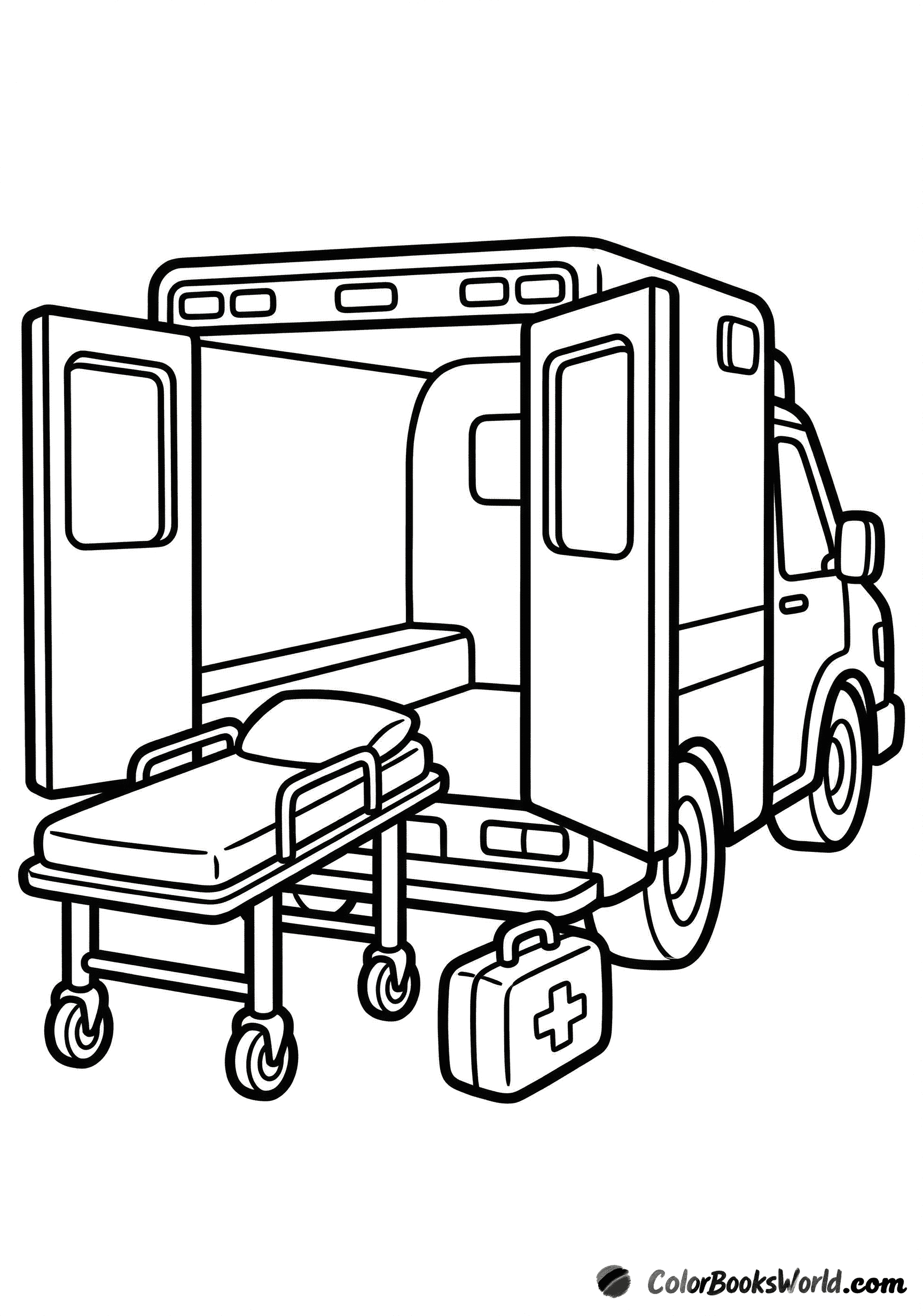 En ambulance set bagfra med åbne bagdøre, en båre og en lægetaske ved siden af.