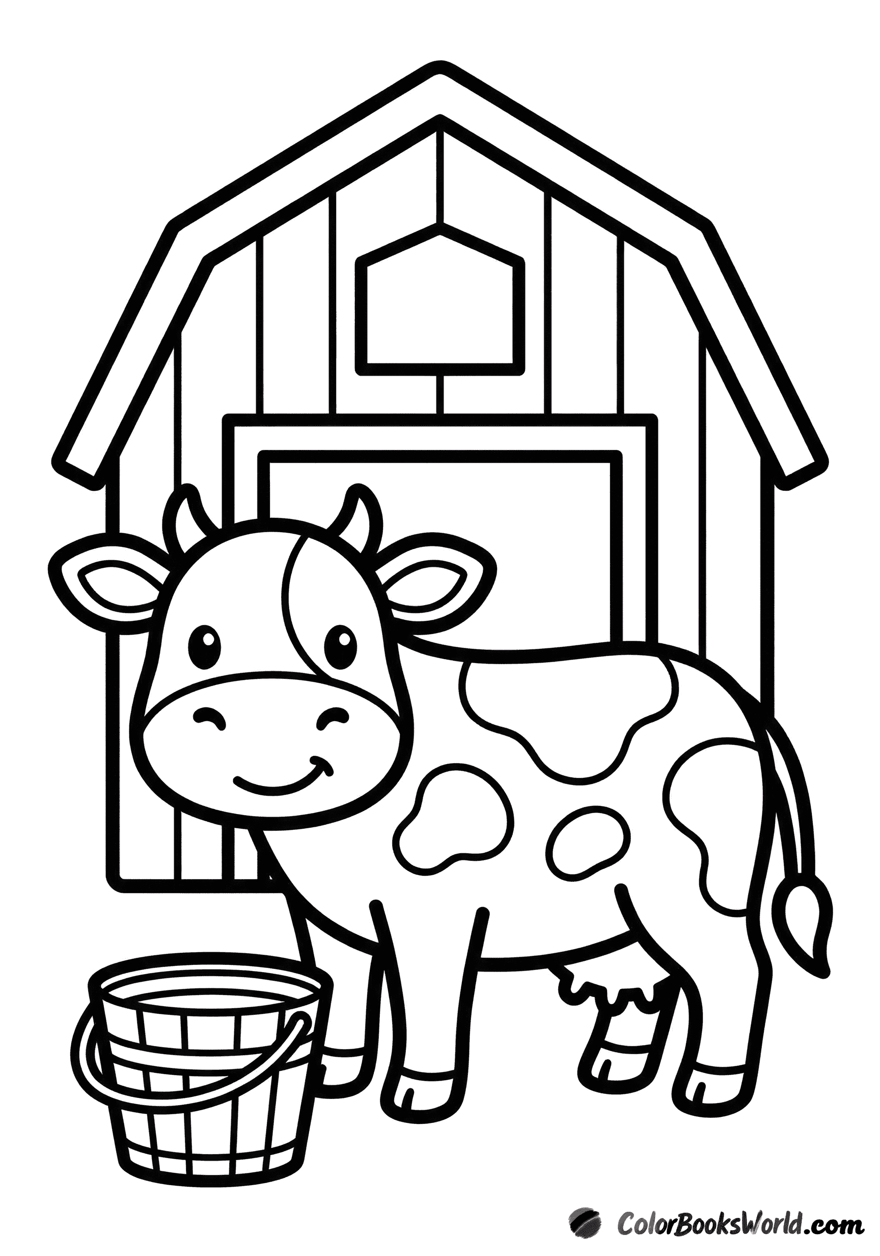 Een vriendelijke getekende koe staat voor een eenvoudige schuur, met een houten emmer ernaast.