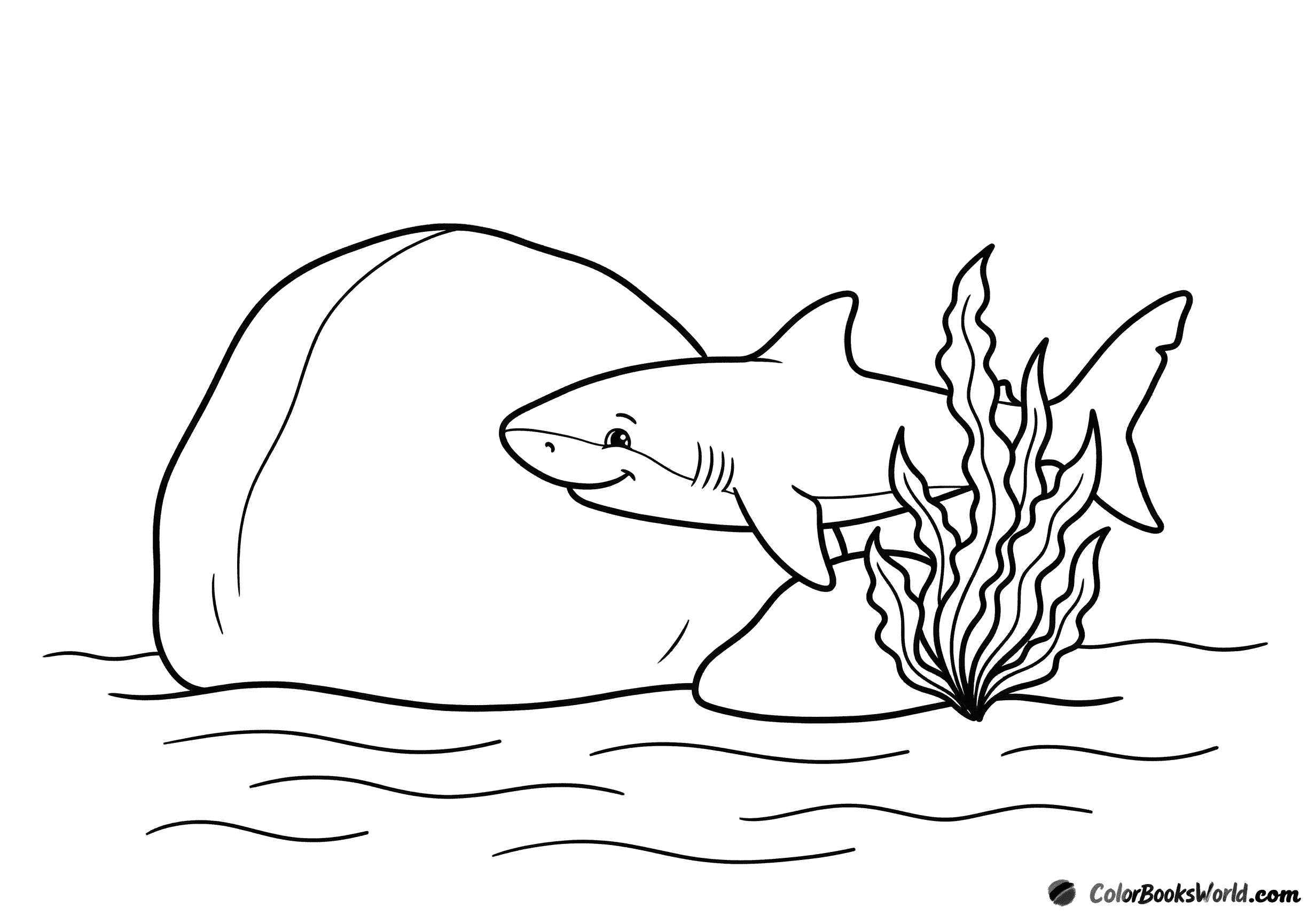 A smiling cartoon shark swims past a large round boulder and kelp on the sandy seabed.