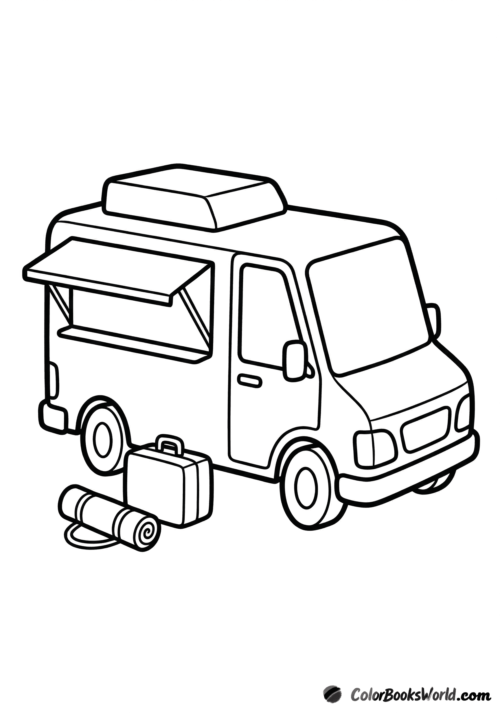 Bus camper a cartoni con box da tetto e tendalino; accanto ci sono una valigia e un materassino arrotolato.