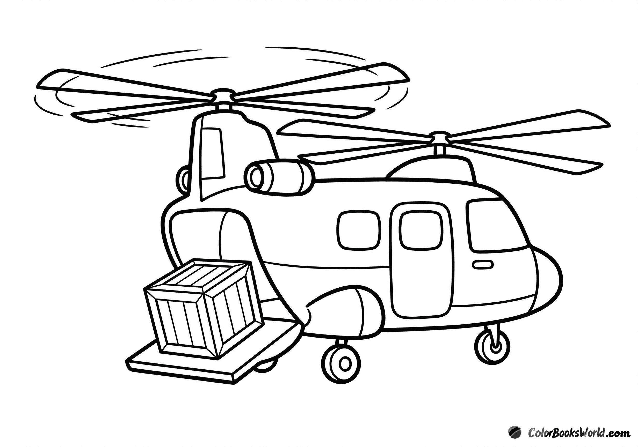 Cartoon cargo helicopter with twin rotors, open rear ramp, and a wooden crate on the ramp.