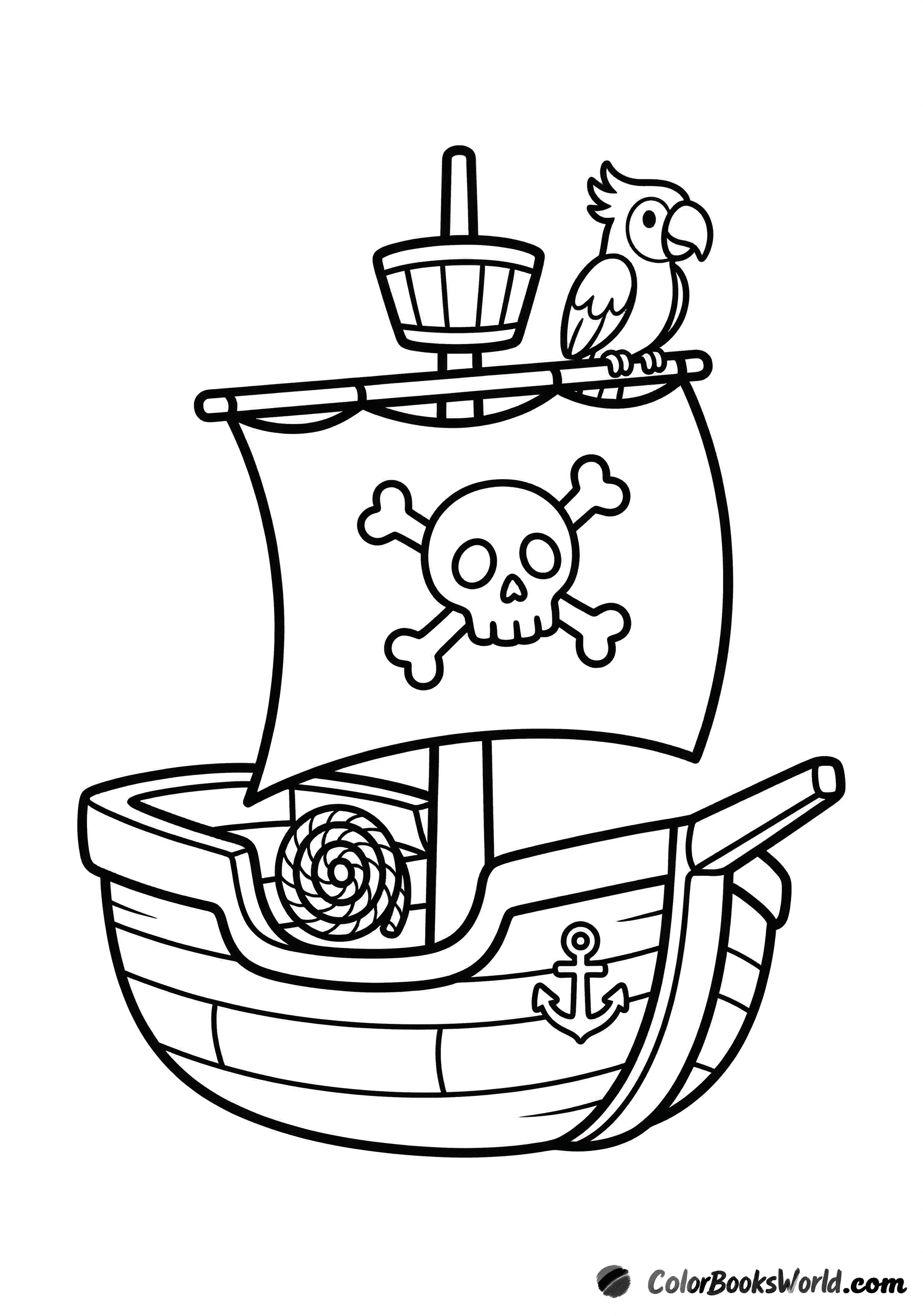 Sloop pirata in stile fumetto con vela con teschio, un pappagallo sull’albero e una corda arrotolata sul ponte.