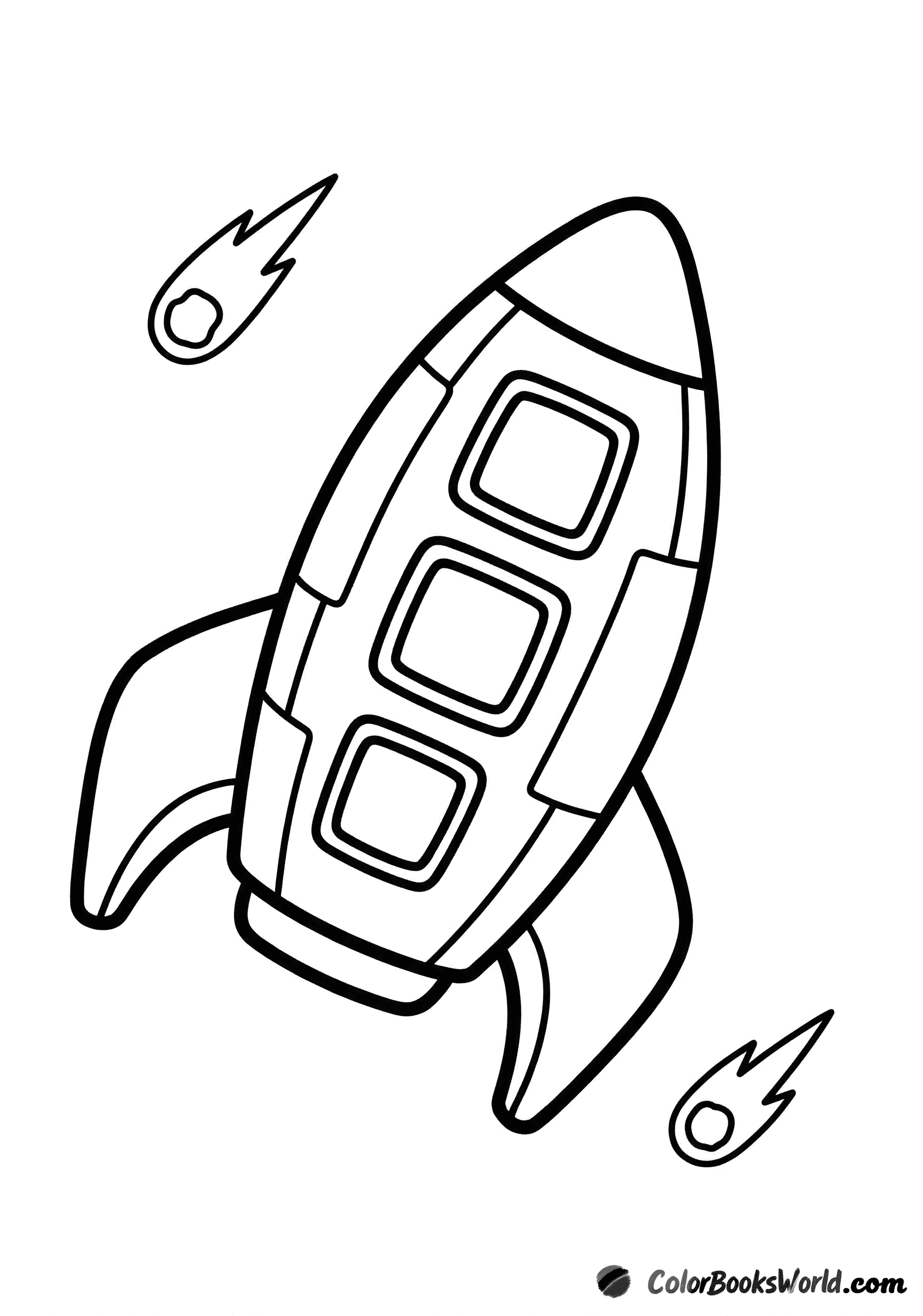 Cartoon rocket lifting off from a launch pad with thick smoke clouds and flames below.