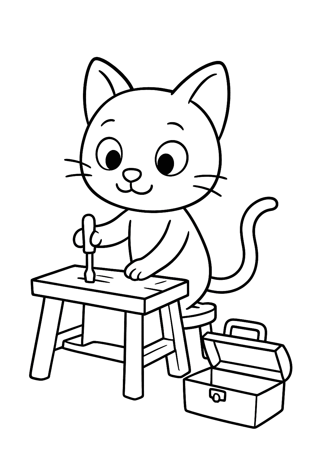 A cat chisels a wooden plank at a small workbench, with a toolbox beside it.