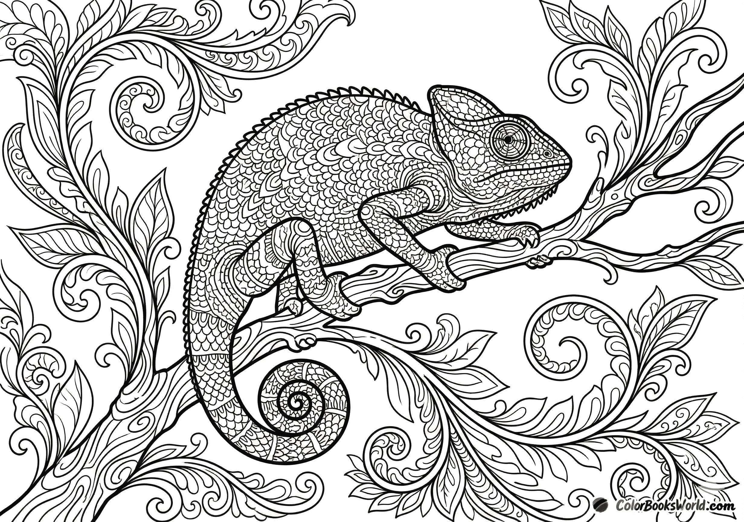 A detailed chameleon curled on a branch, surrounded by spiral botanical motifs and ornamental leaves.