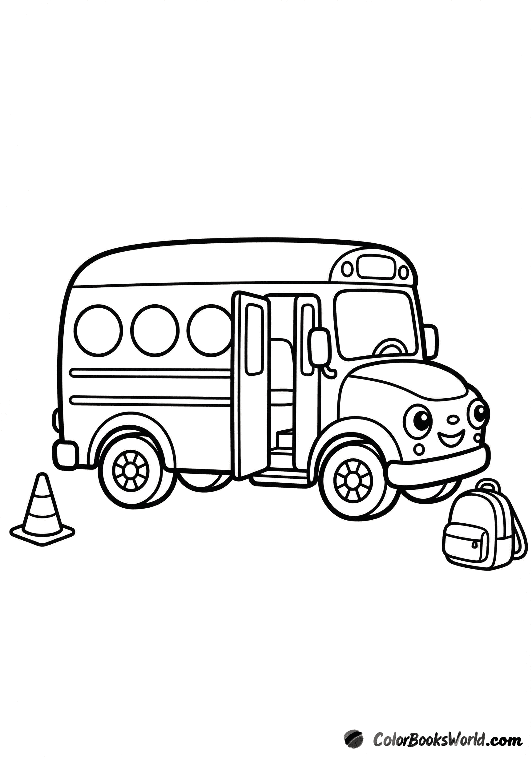 Cartoon school bus with an open door, a backpack, and a traffic cone beside it.