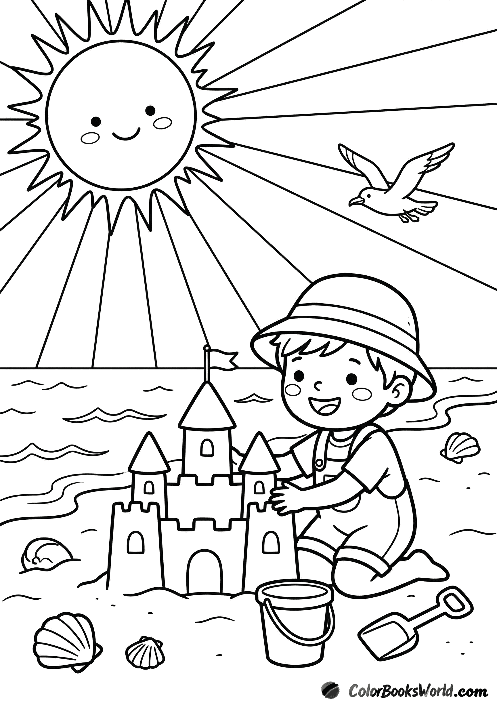 Smiling child building a large sandcastle on a sunny beach with a bucket and shovel.