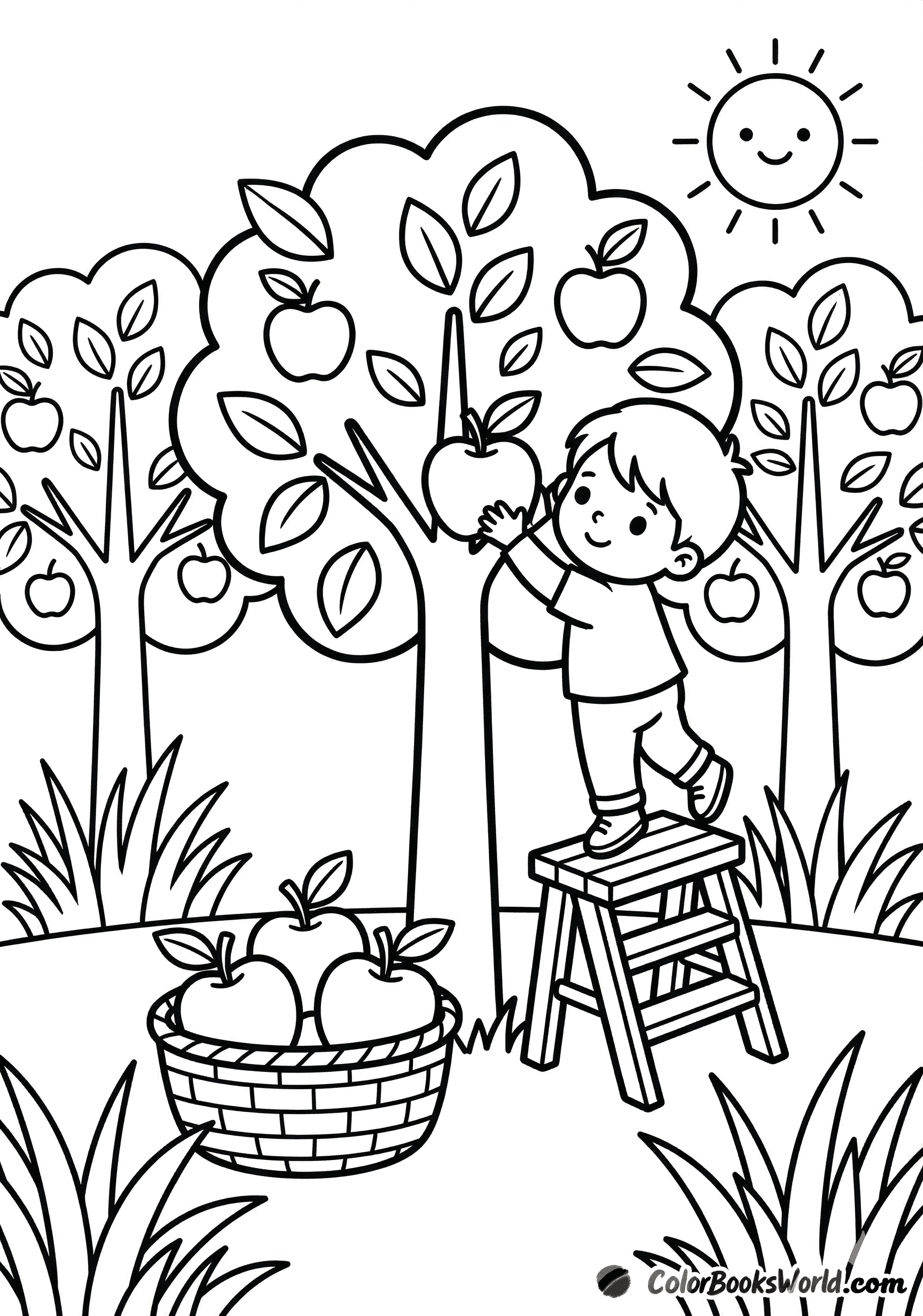 A child stands on a small stool picking an apple in an orchard, with a basket nearby.