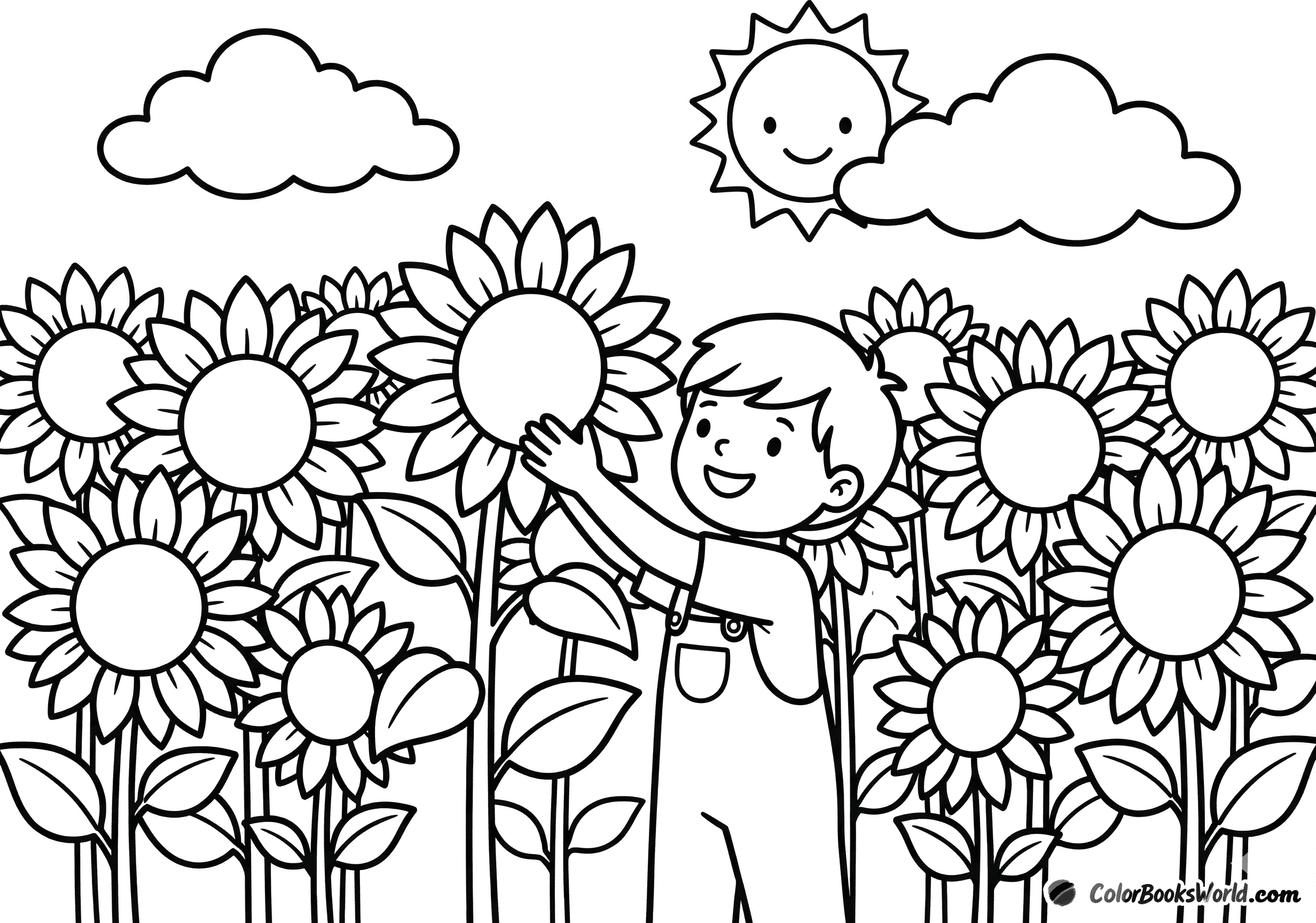 A smiling child stands among tall sunflowers under a bright sun and fluffy clouds.