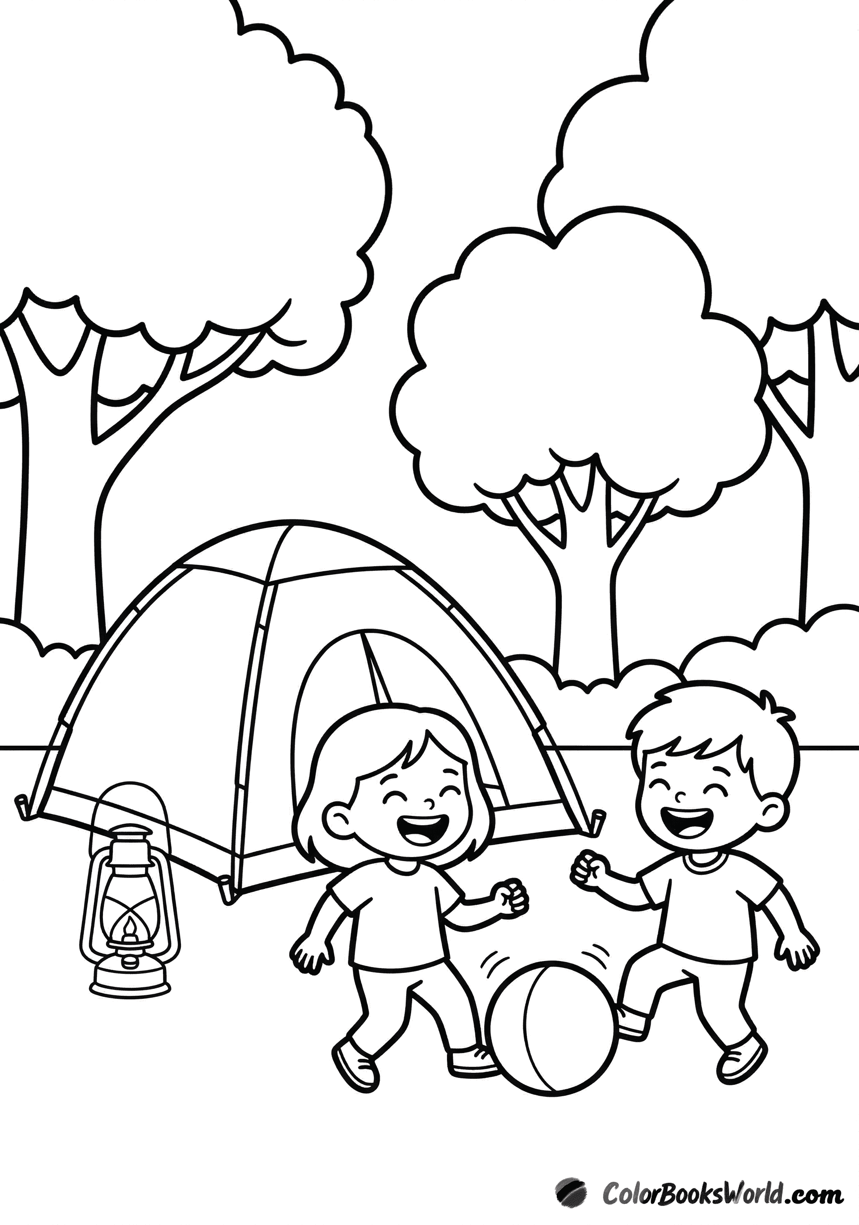 Two children play with a ball beside a dome tent at a campsite with trees and a lantern.