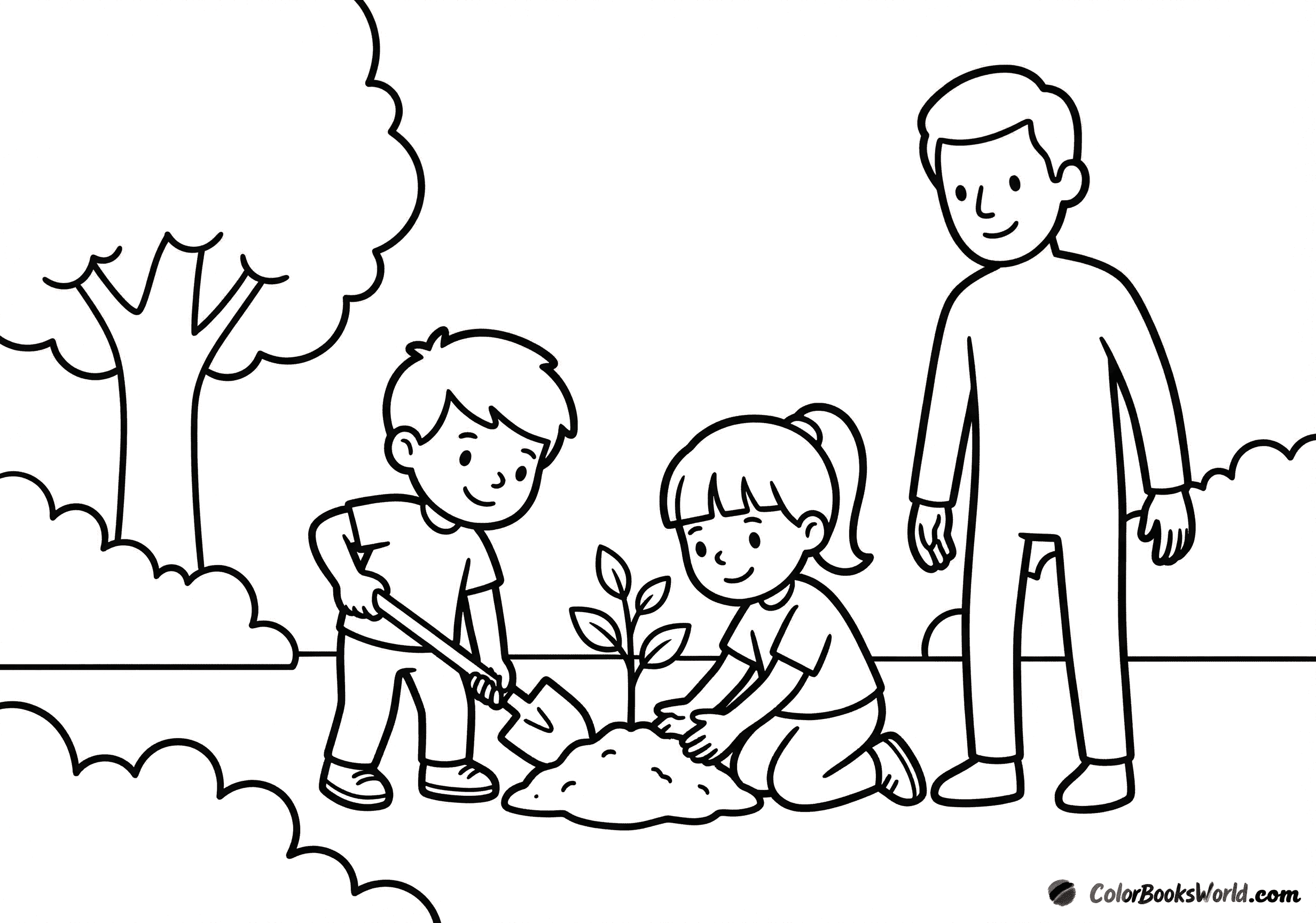 Two children plant a small tree sapling in a park while an adult supervises nearby.