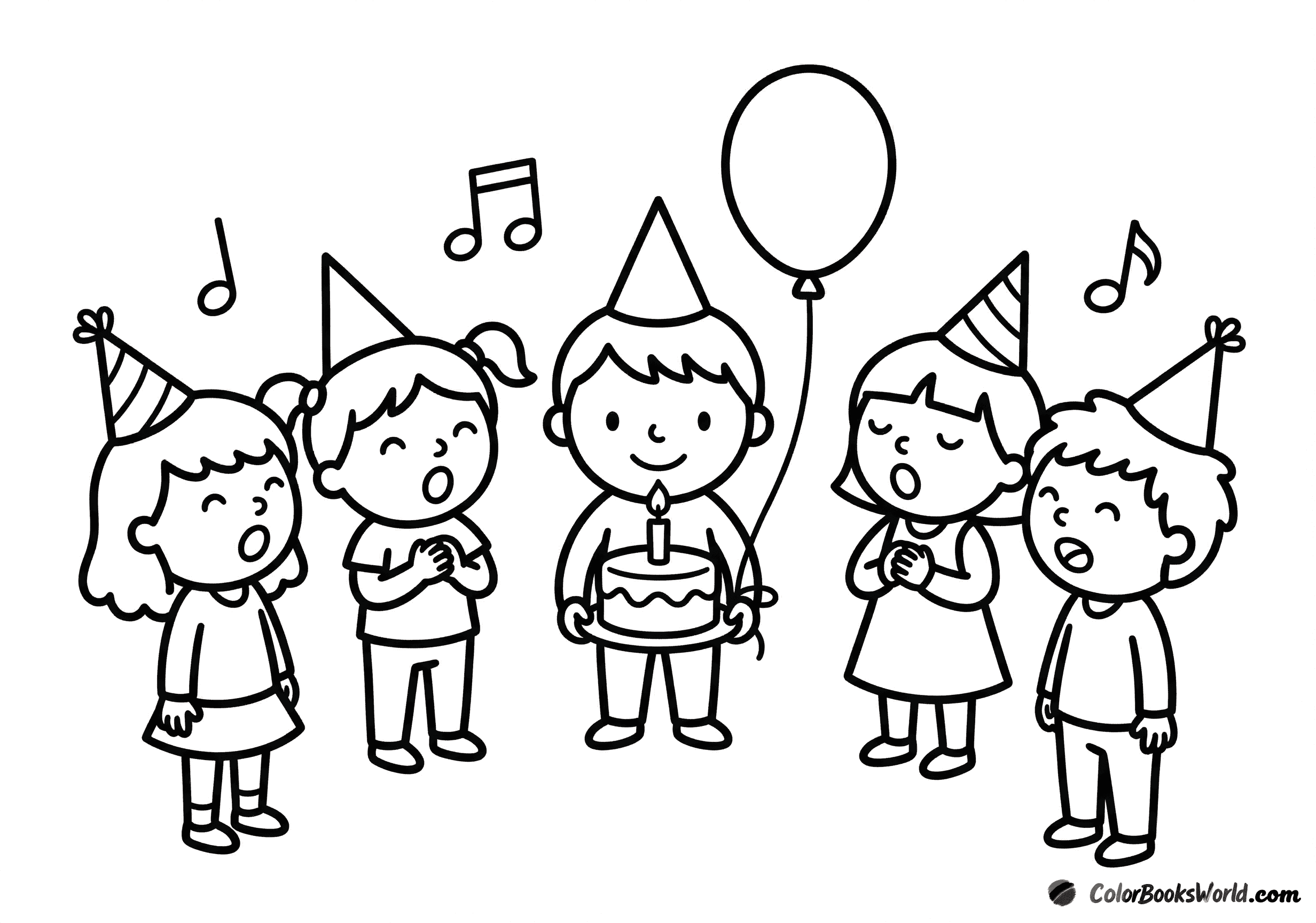 Four kids in party hats sing to a friend holding a small cake with one lit candle and a balloon nearby.