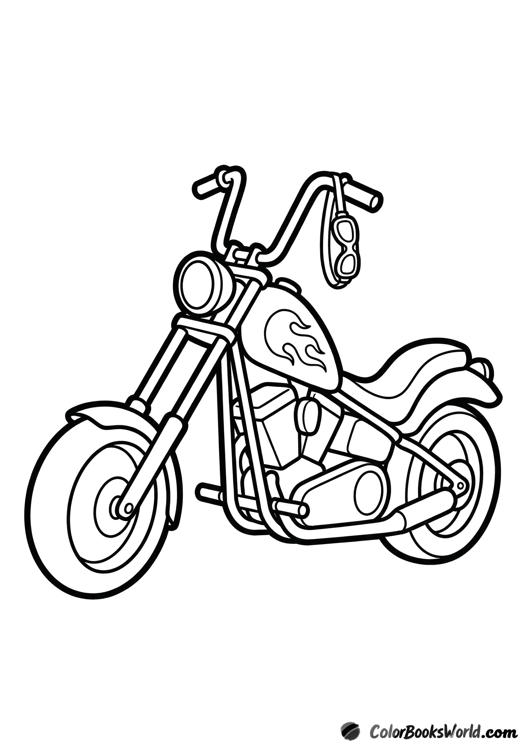 Classic chopper motorcycle with long forks, flame decals on the tank, and goggles on the handlebars.