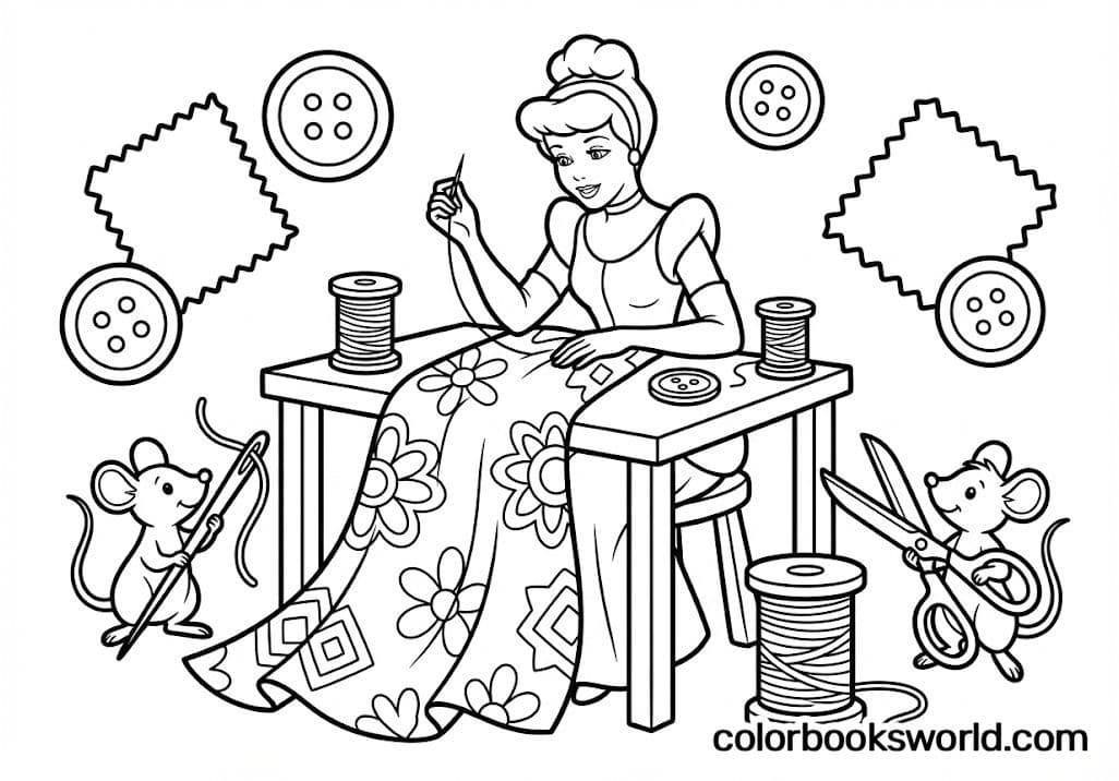 Cinderella sews at a table while small mice helpers hold thread beside her.