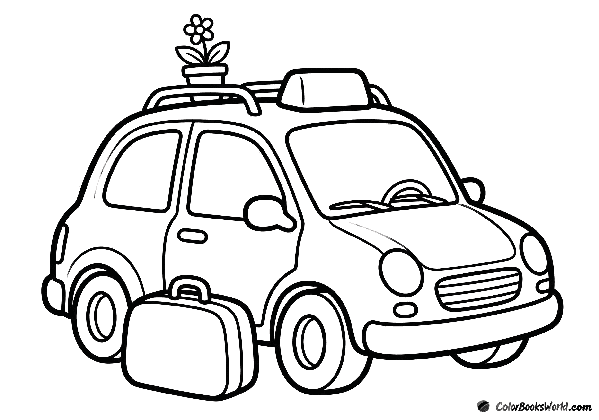 A compact city car with a roof light, a suitcase, and a small potted plant beside it.