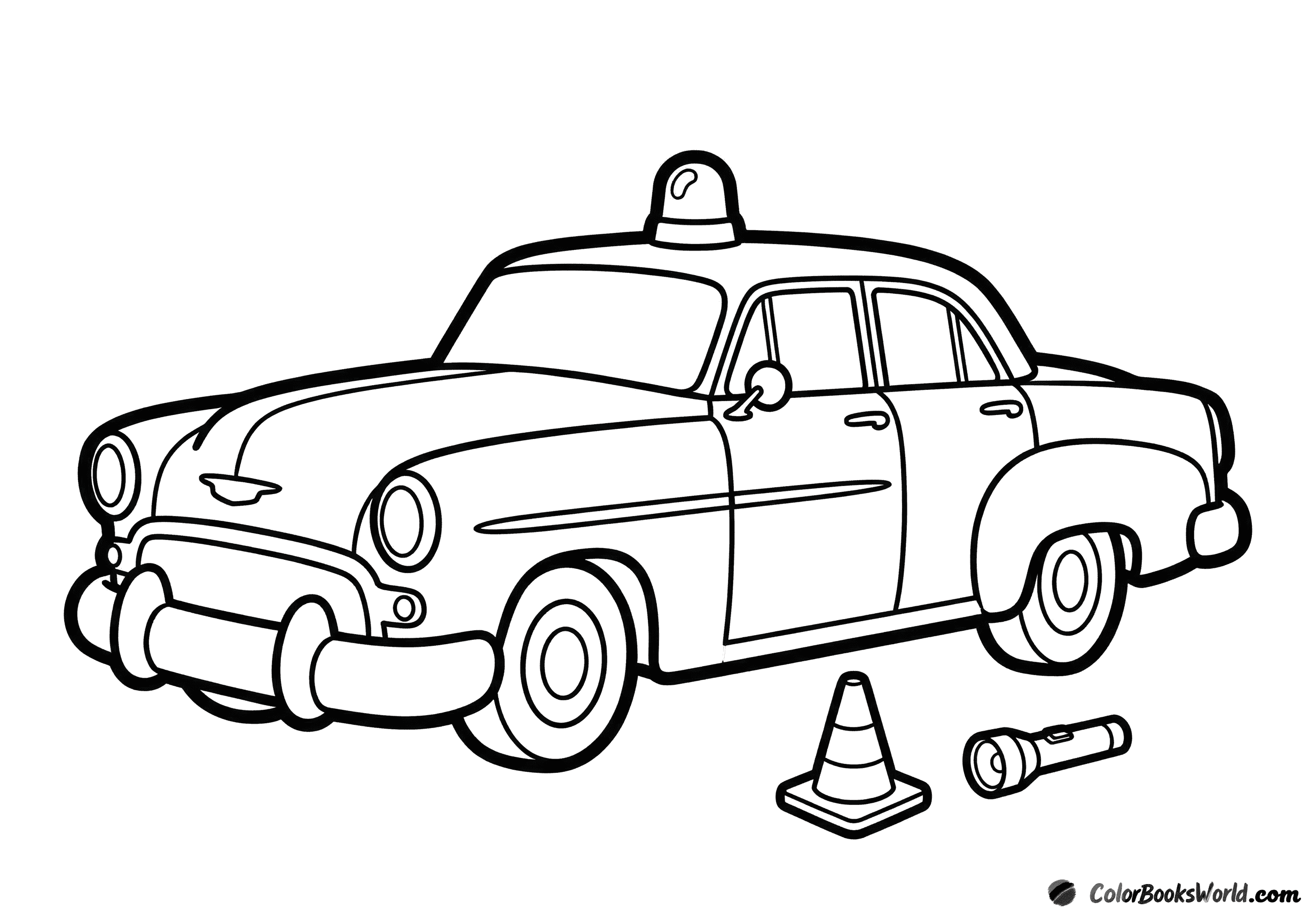 1950s-style American police cruiser with rounded fenders, a traffic cone, and a flashlight.