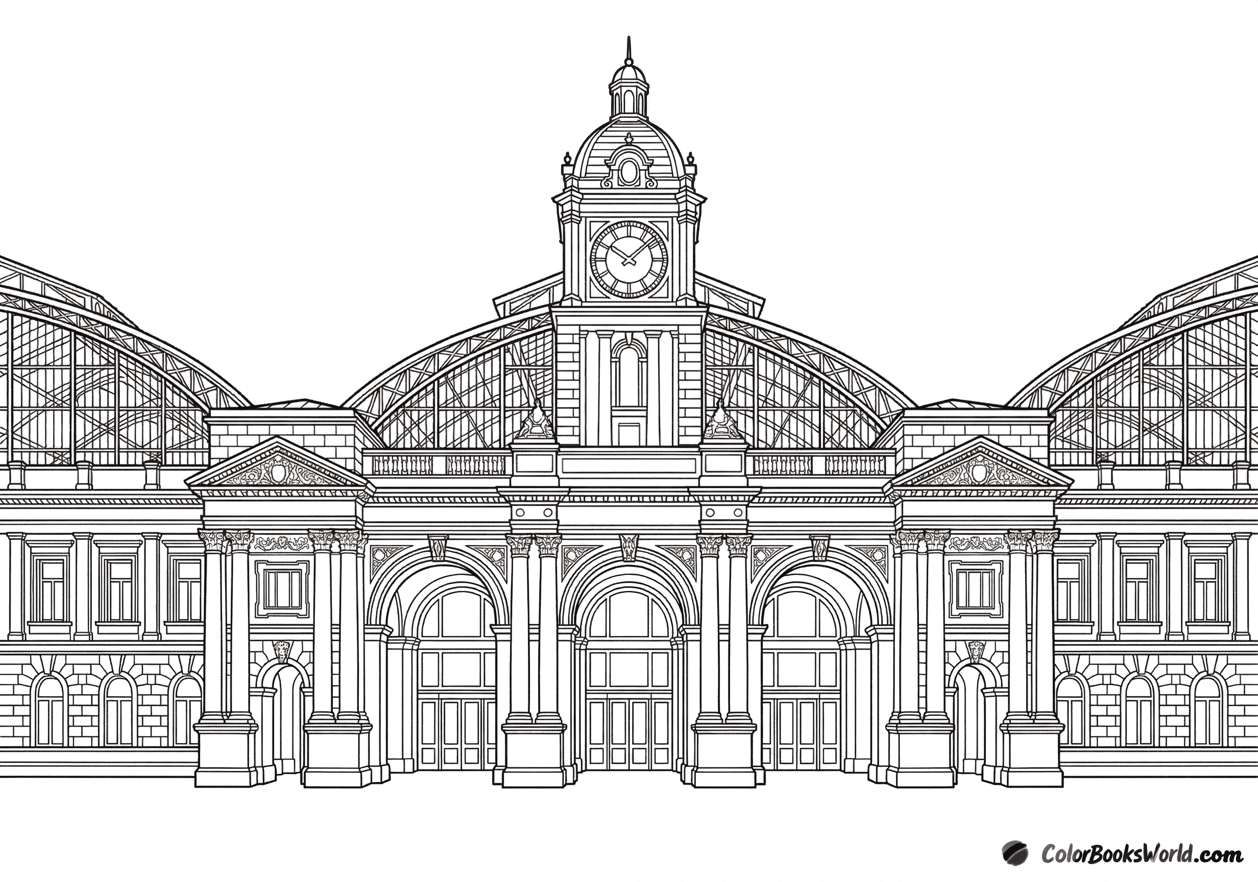 A detailed line art drawing of a grand historic train station with a central clock tower, large arches, and glass roofs.