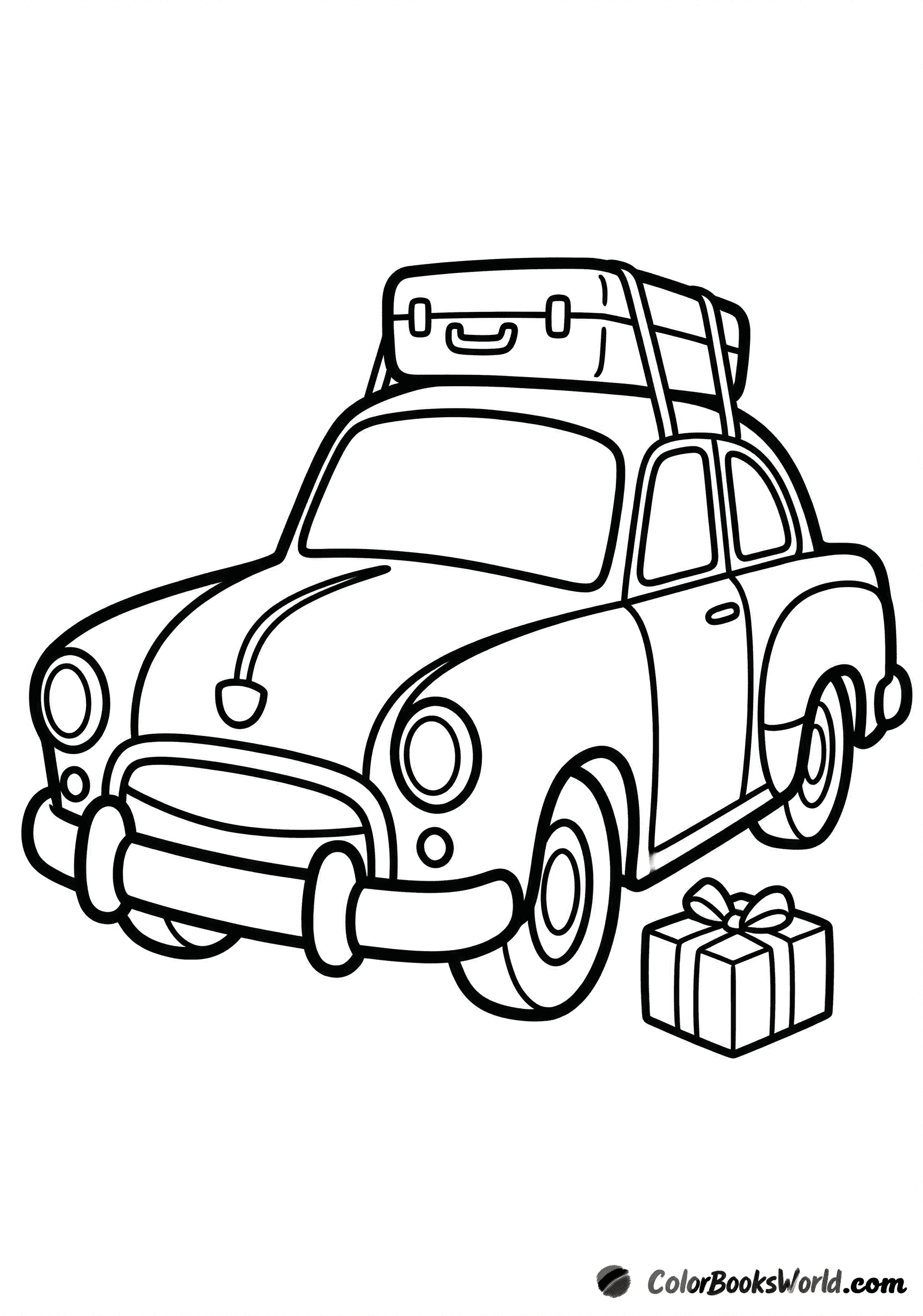 1950s-style vintage car with a suitcase on the roof and a small gift parcel.