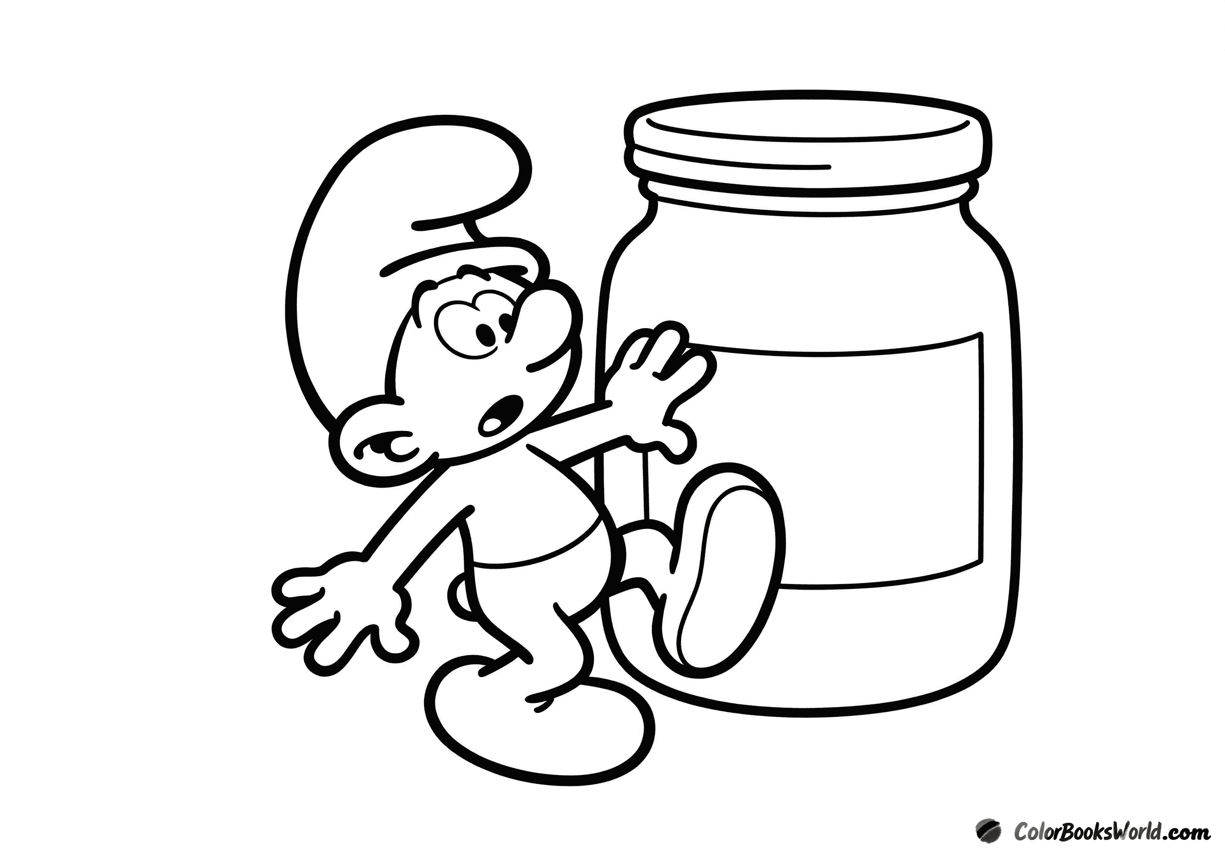 Clumsy Smurf trips in a playful pose beside a large jar.