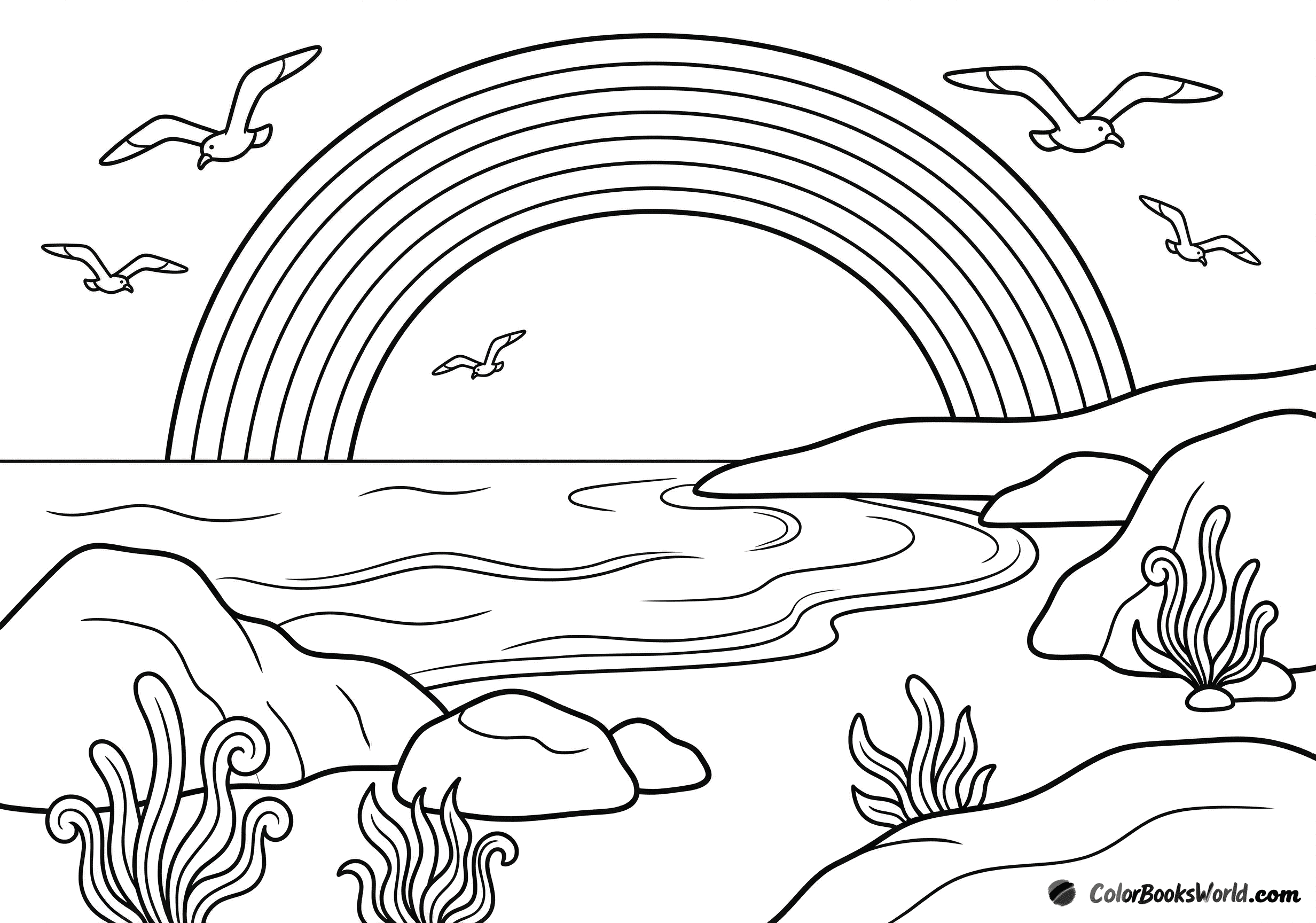 A calm coastal bay with a large rainbow on the horizon and seagulls flying overhead.