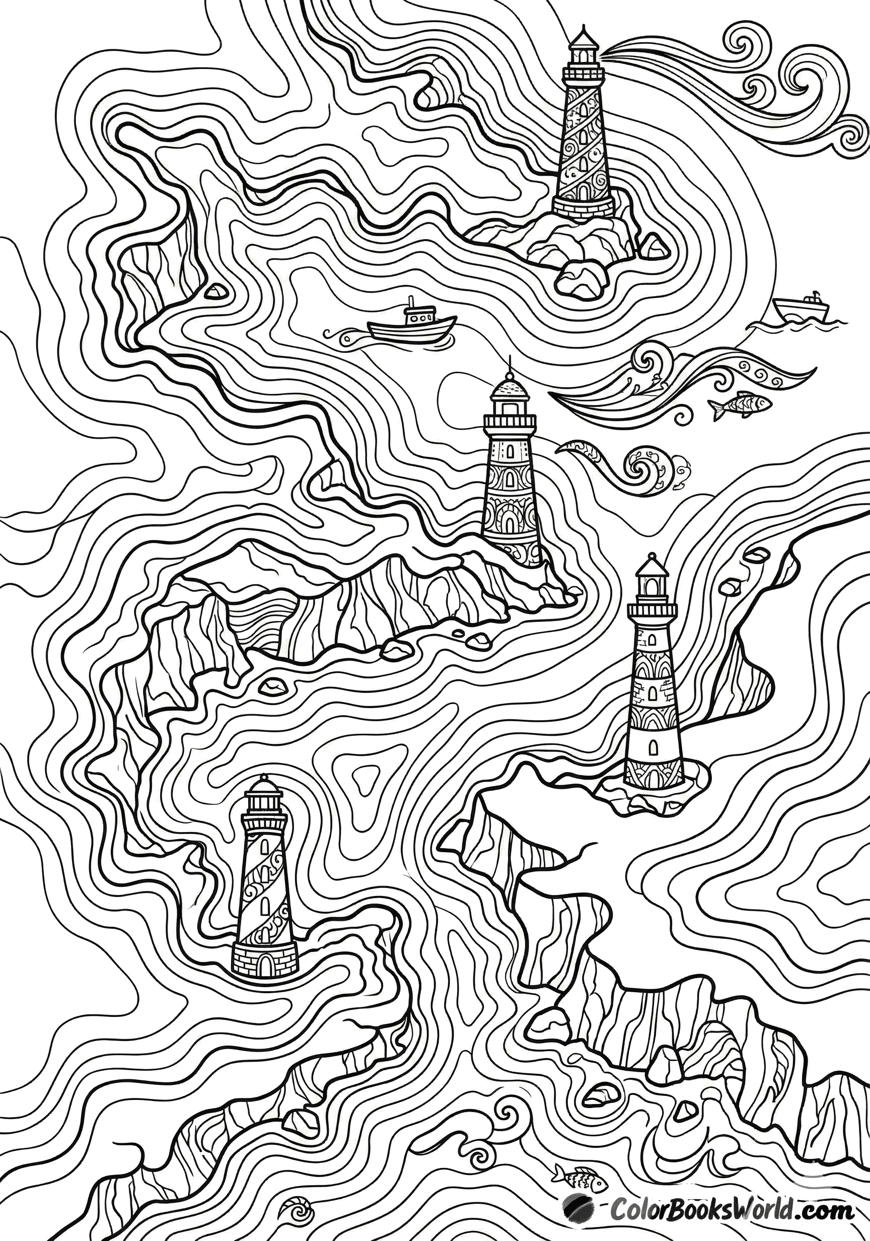 Detailed line art of a rugged coastline with multiple lighthouses, cliffs, and layered contour waves.