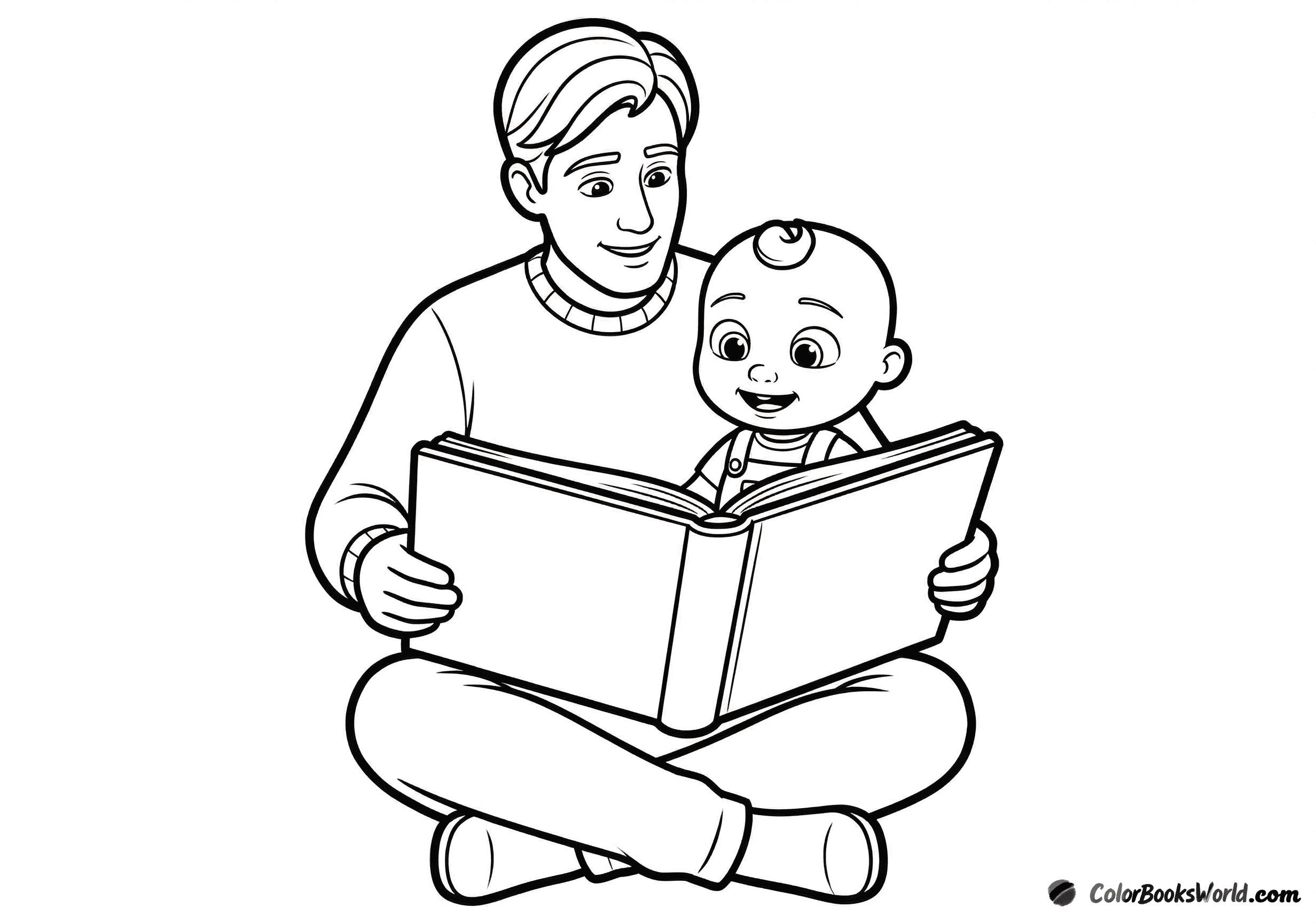 Daddy sits with JJ on his lap, holding a large open book as they read together.