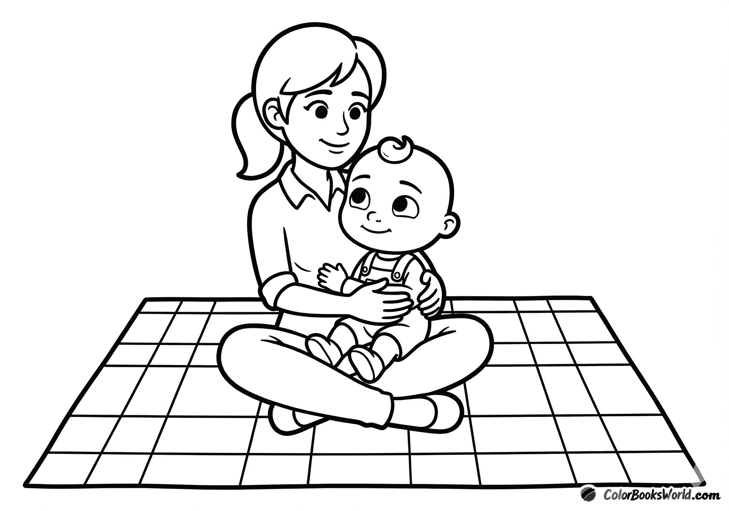 Mama sitzt auf einer Picknickdecke, JJ sitzt auf ihrem Schoß.