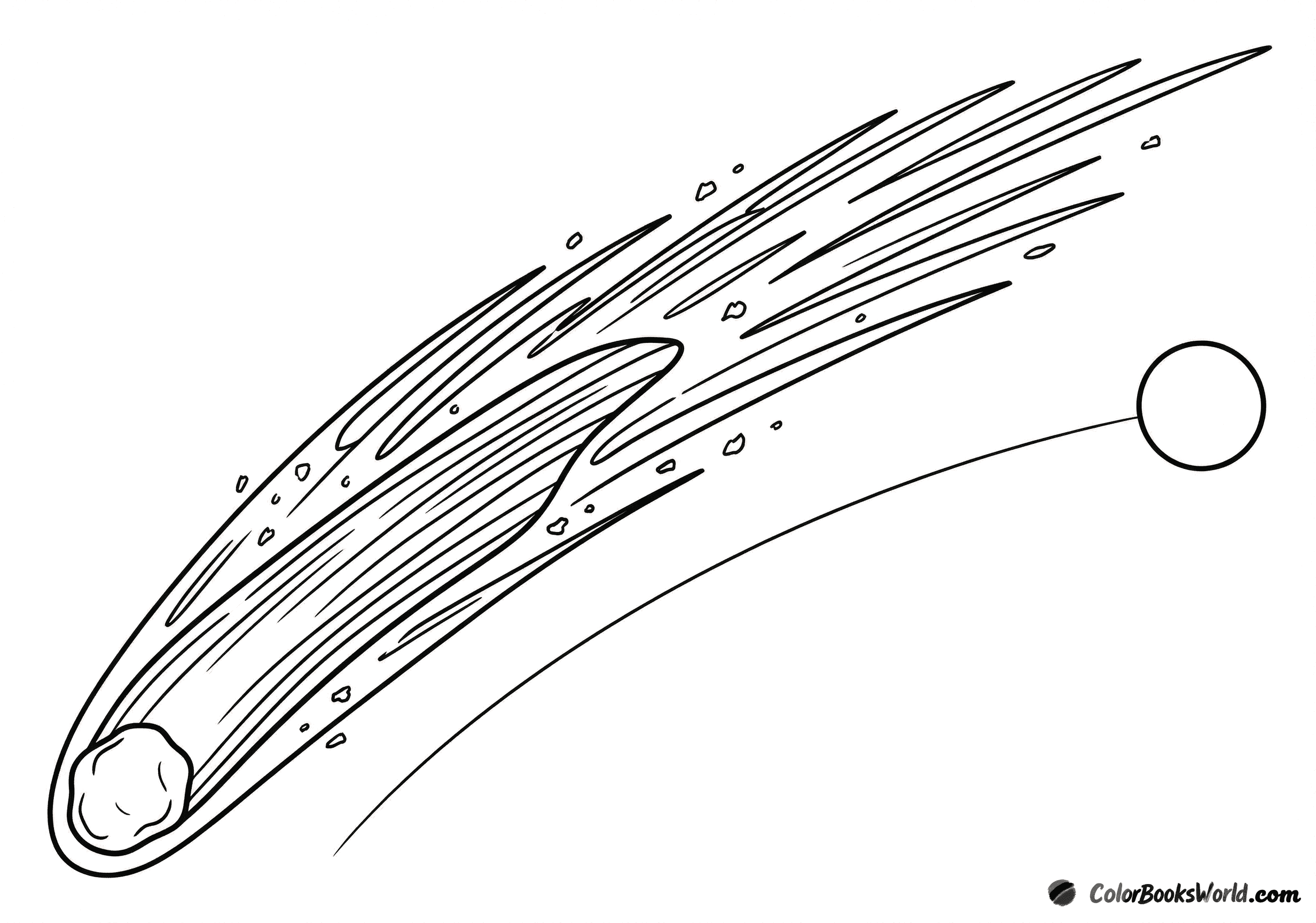 A comet with two long tails flies past a small planet in outer space.