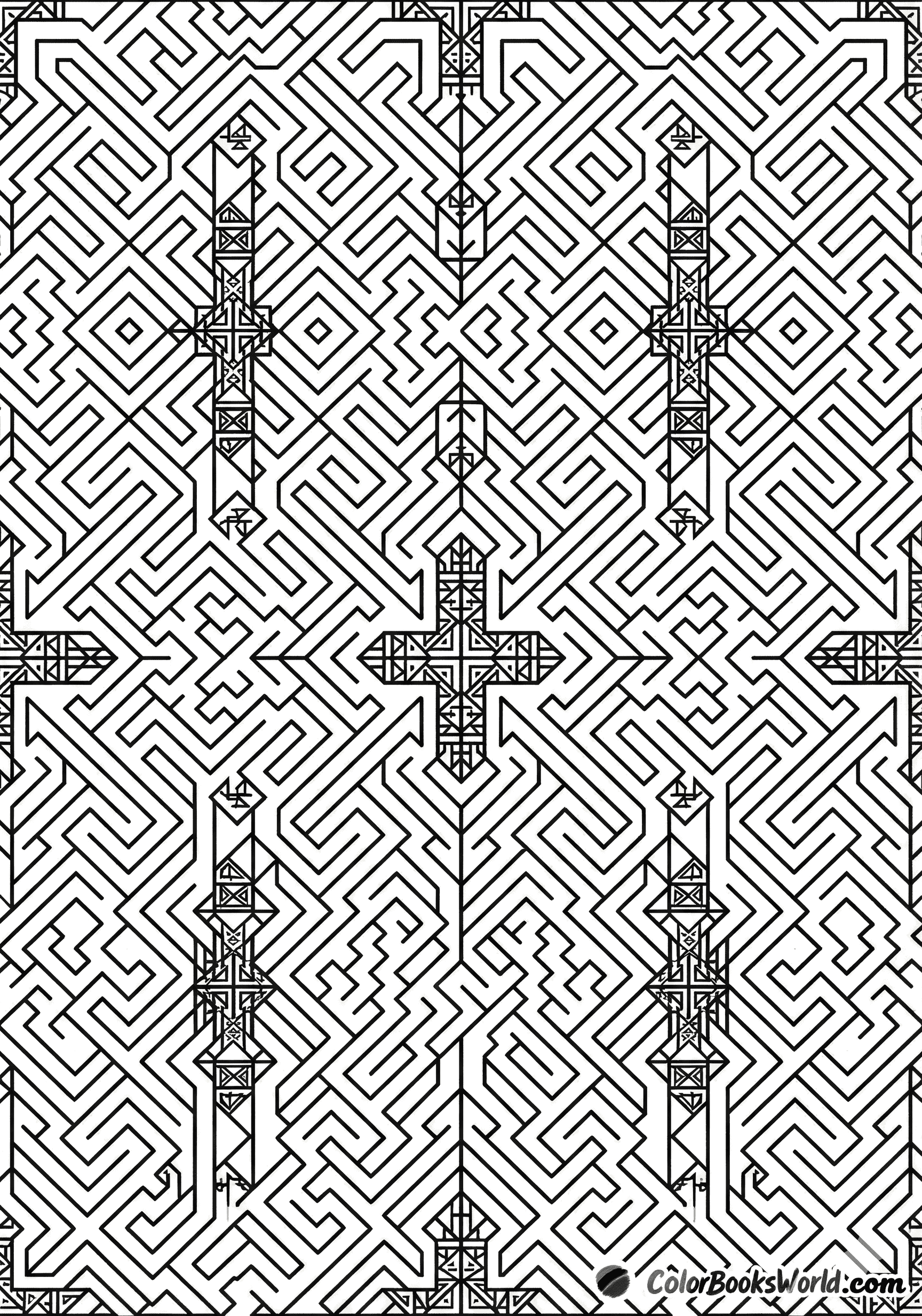 A complex geometric maze with interlocking passages and angular patterns for adult coloring.