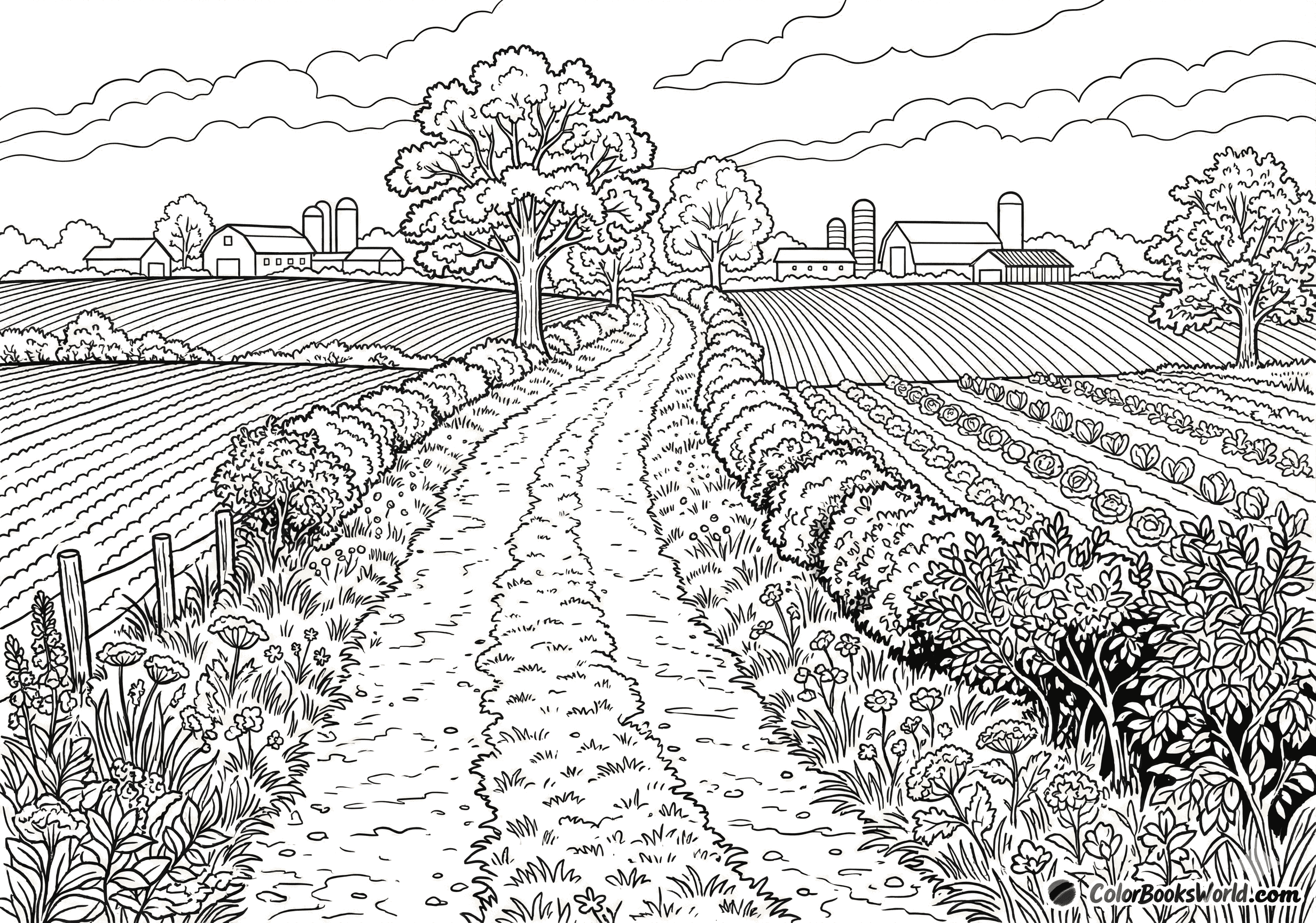 Line art of a dirt country lane winding through crop rows, hedgerows, and distant farm buildings.