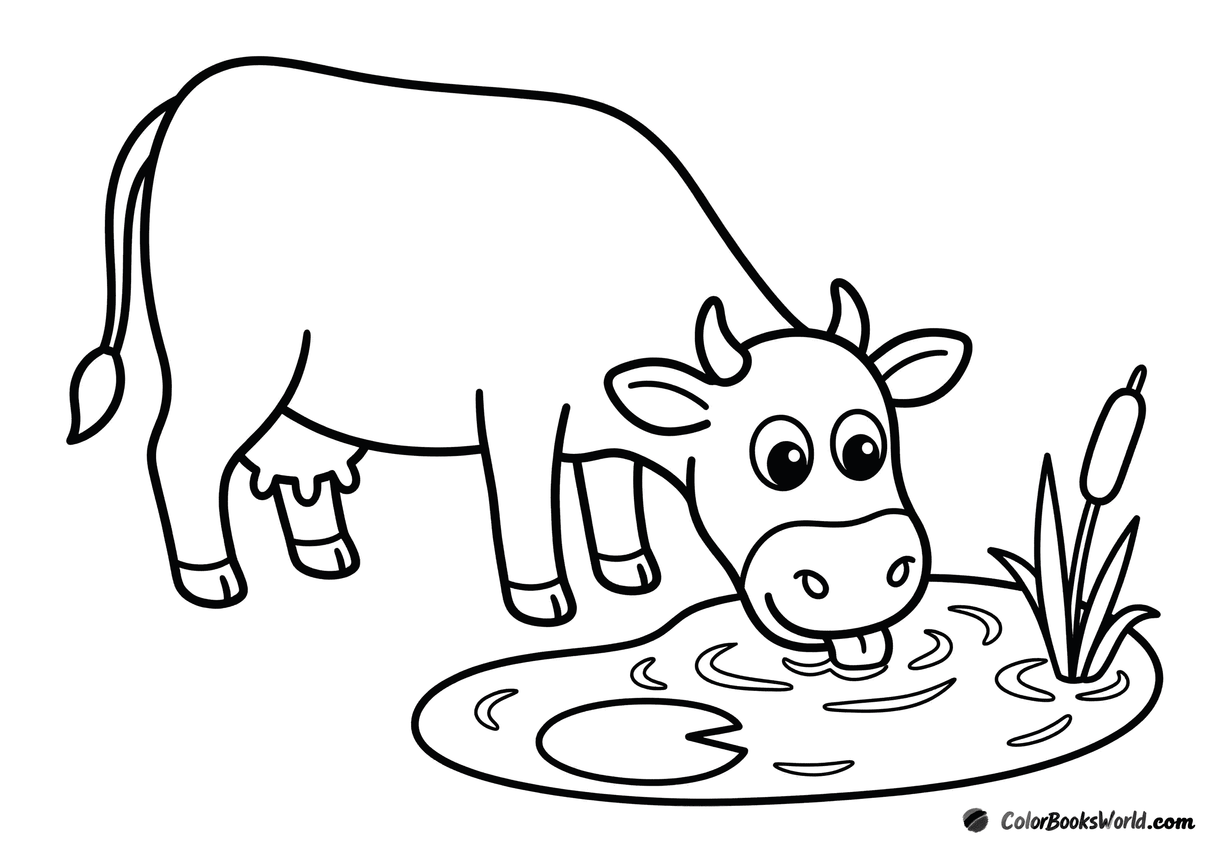 A cartoon cow lowers its head to drink from a small pond with a lily pad and cattail.