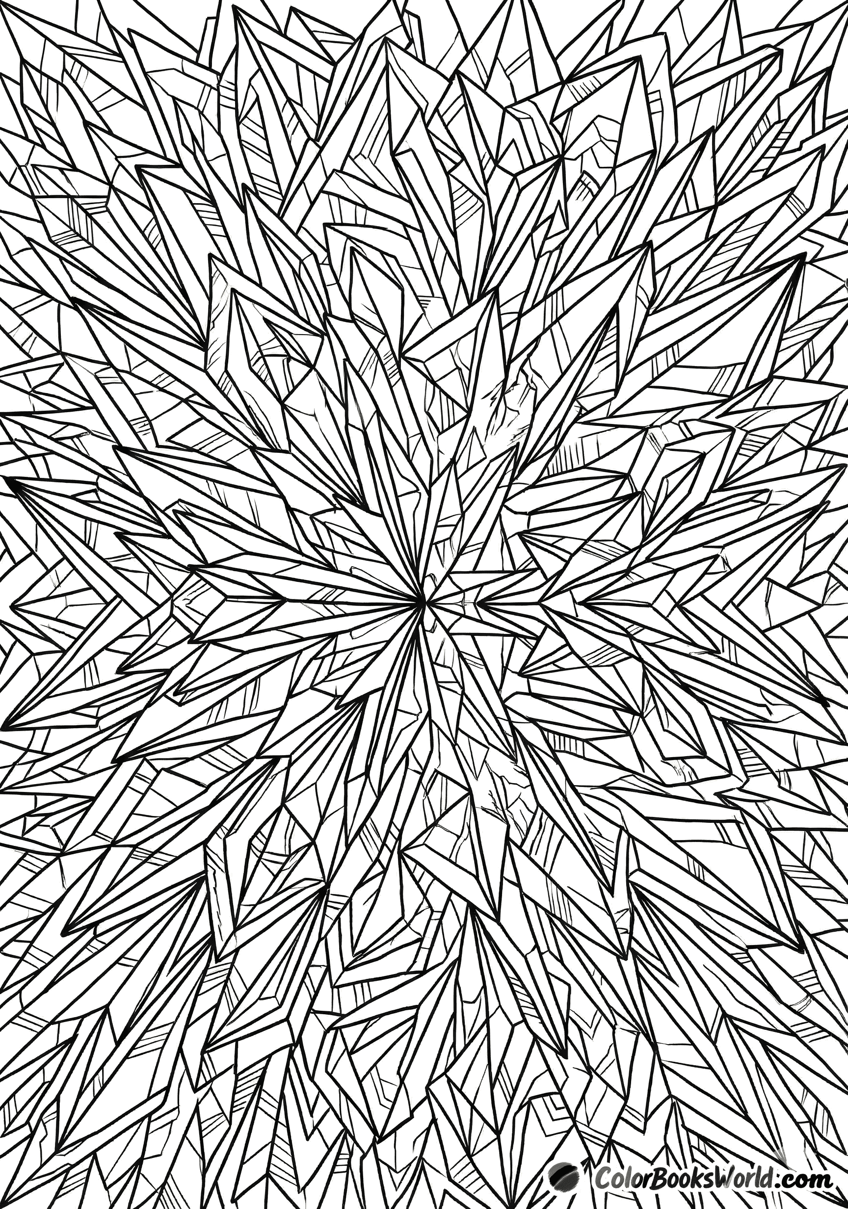 Intricate black and white line art of sharp, crystal-like shards with detailed geometric facets for coloring.