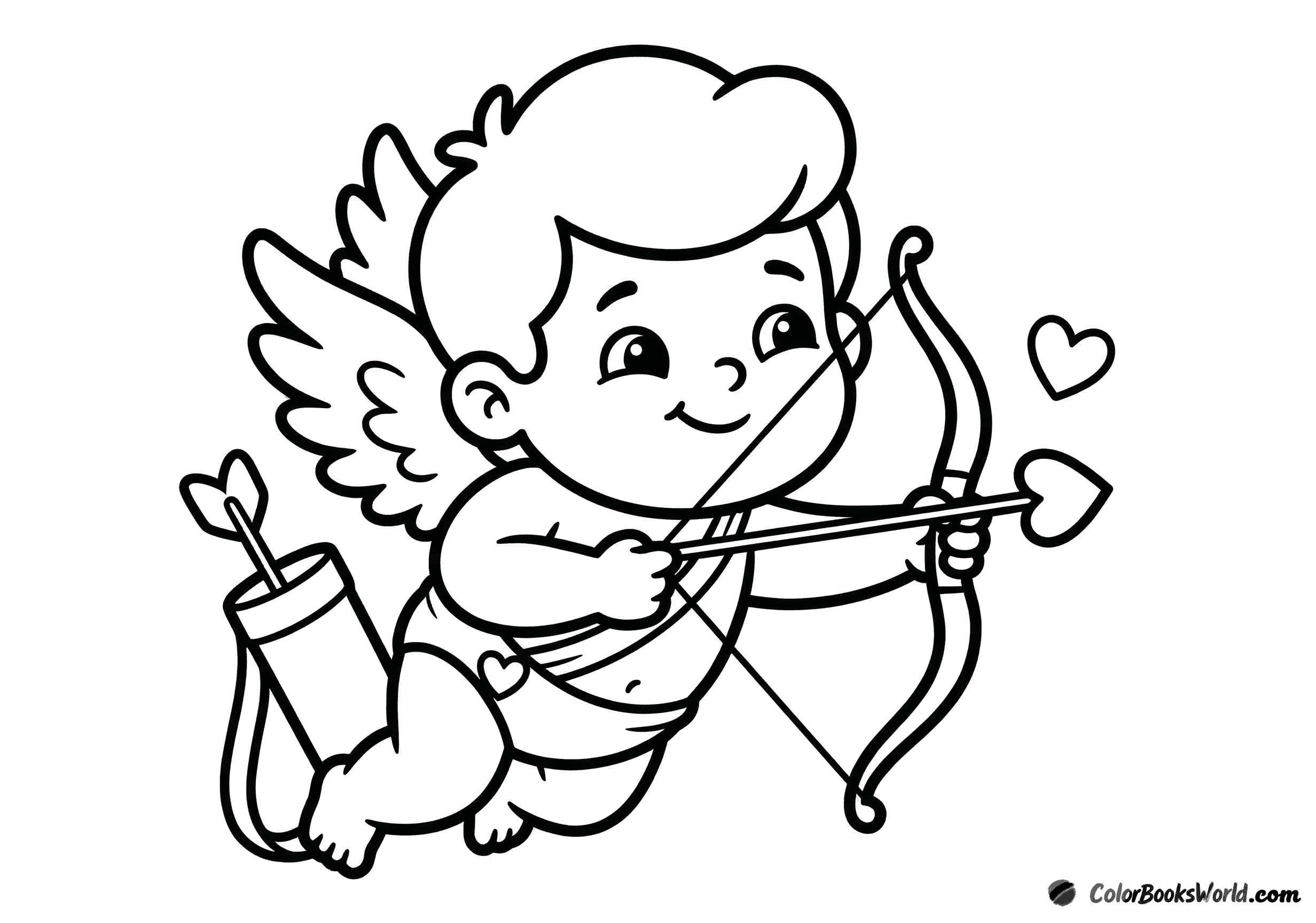 Cute cartoon Cupid aiming a bow with a heart-shaped arrow, with a quiver and a small floating heart.