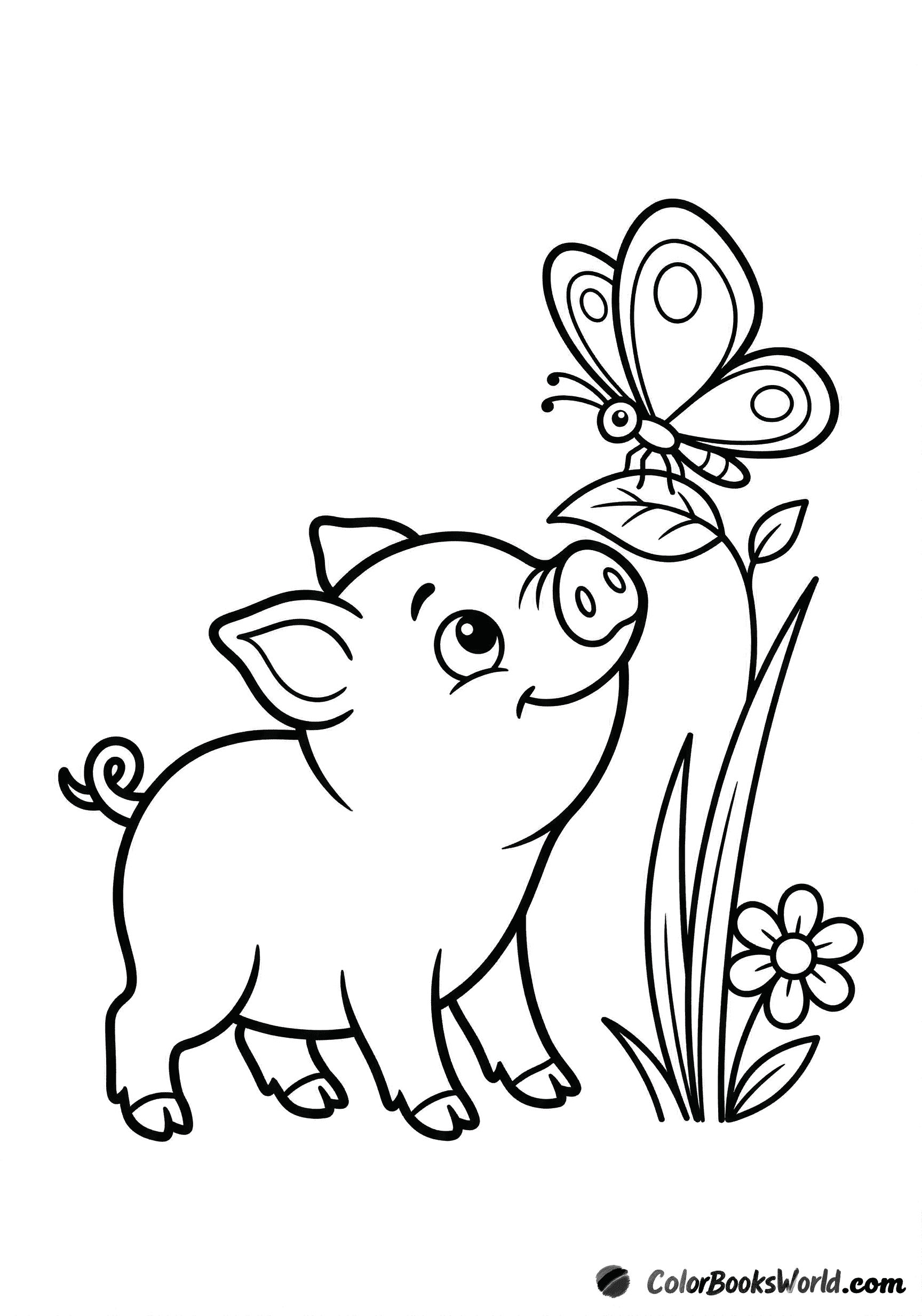 A cute piglet on all fours looks up at a butterfly hovering by its snout.