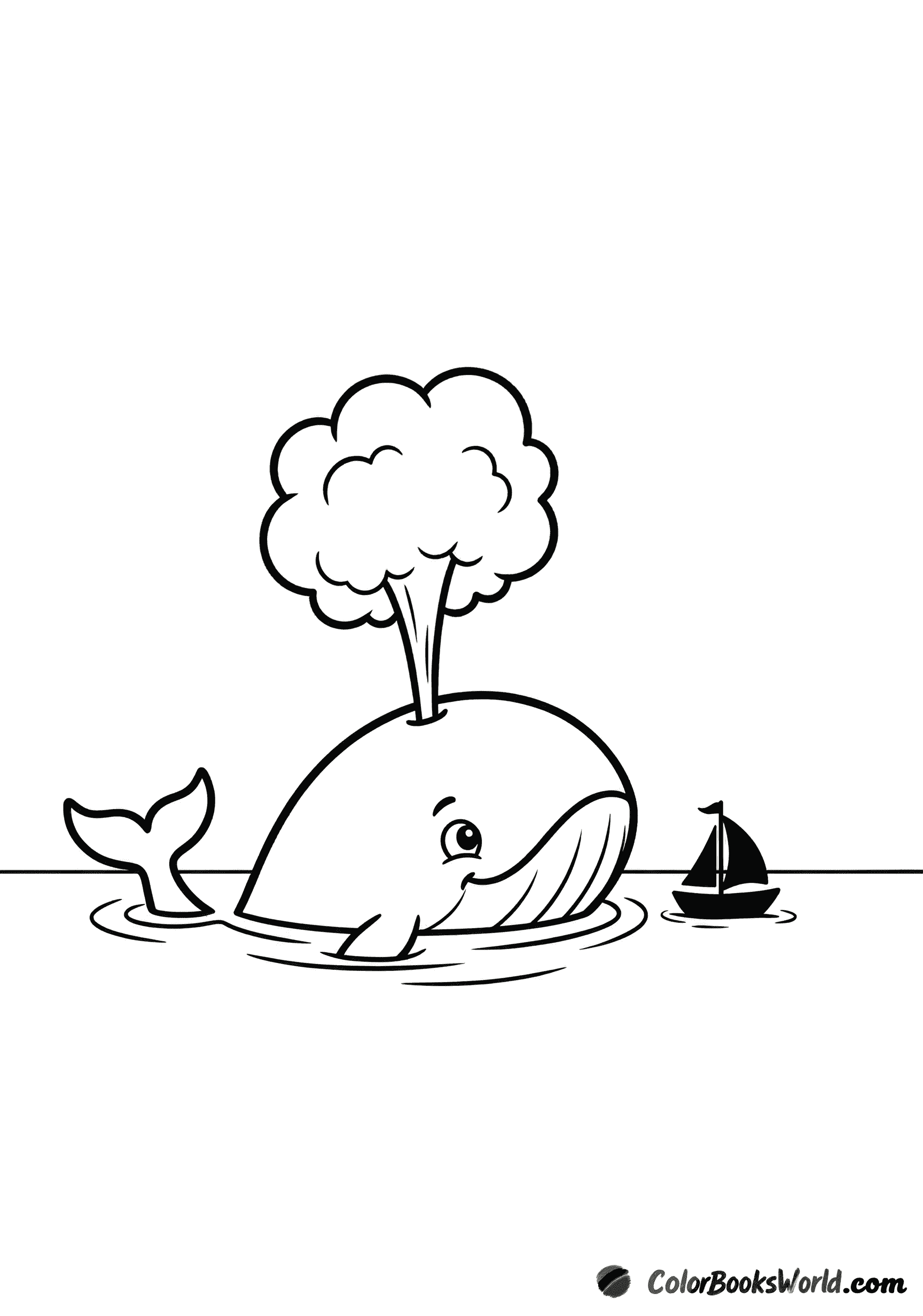 A friendly whale lifts its head from the water beside a small sailboat, spouting a little spray.