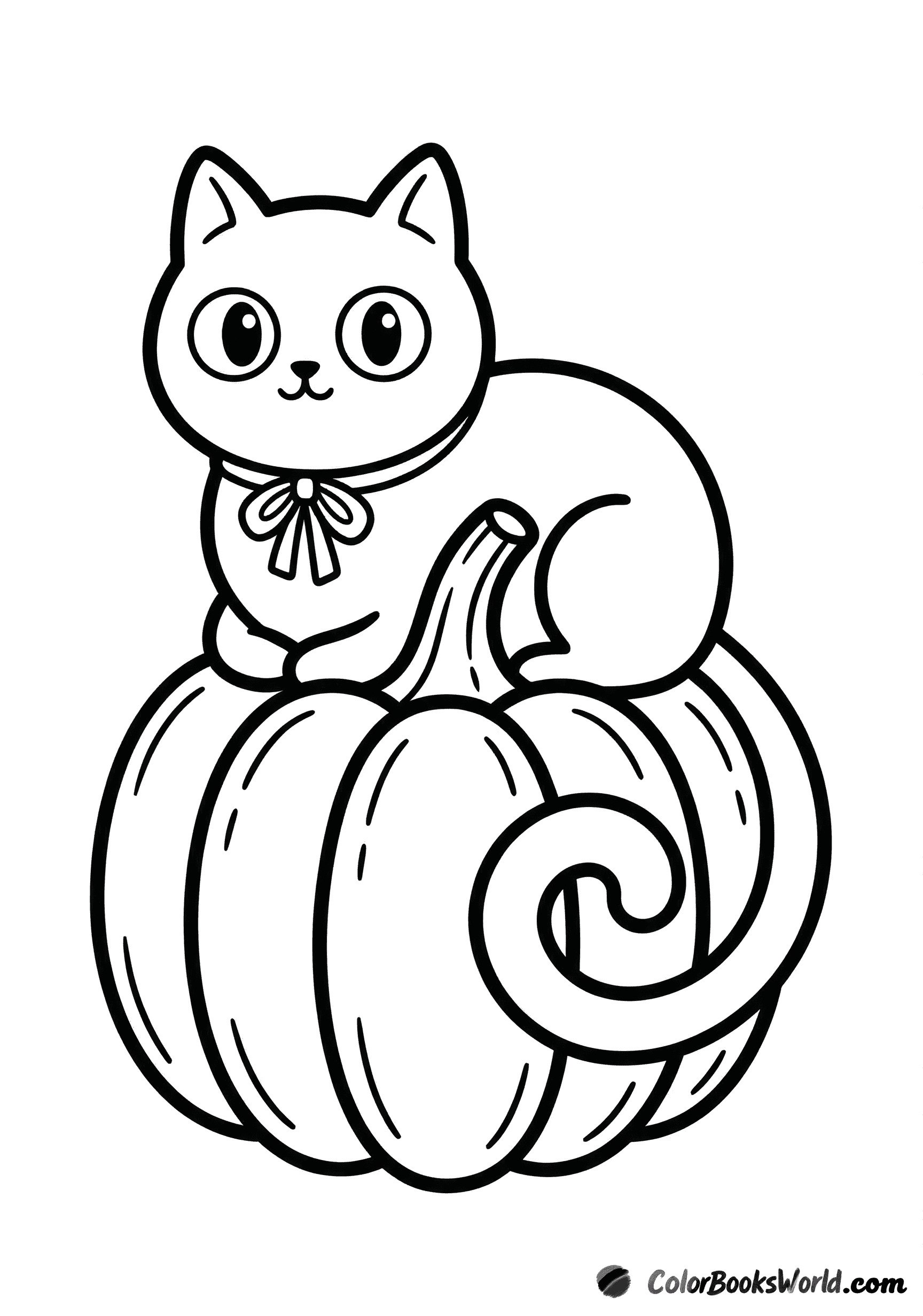 A cute cartoon cat with a bow sits on top of a pumpkin.
