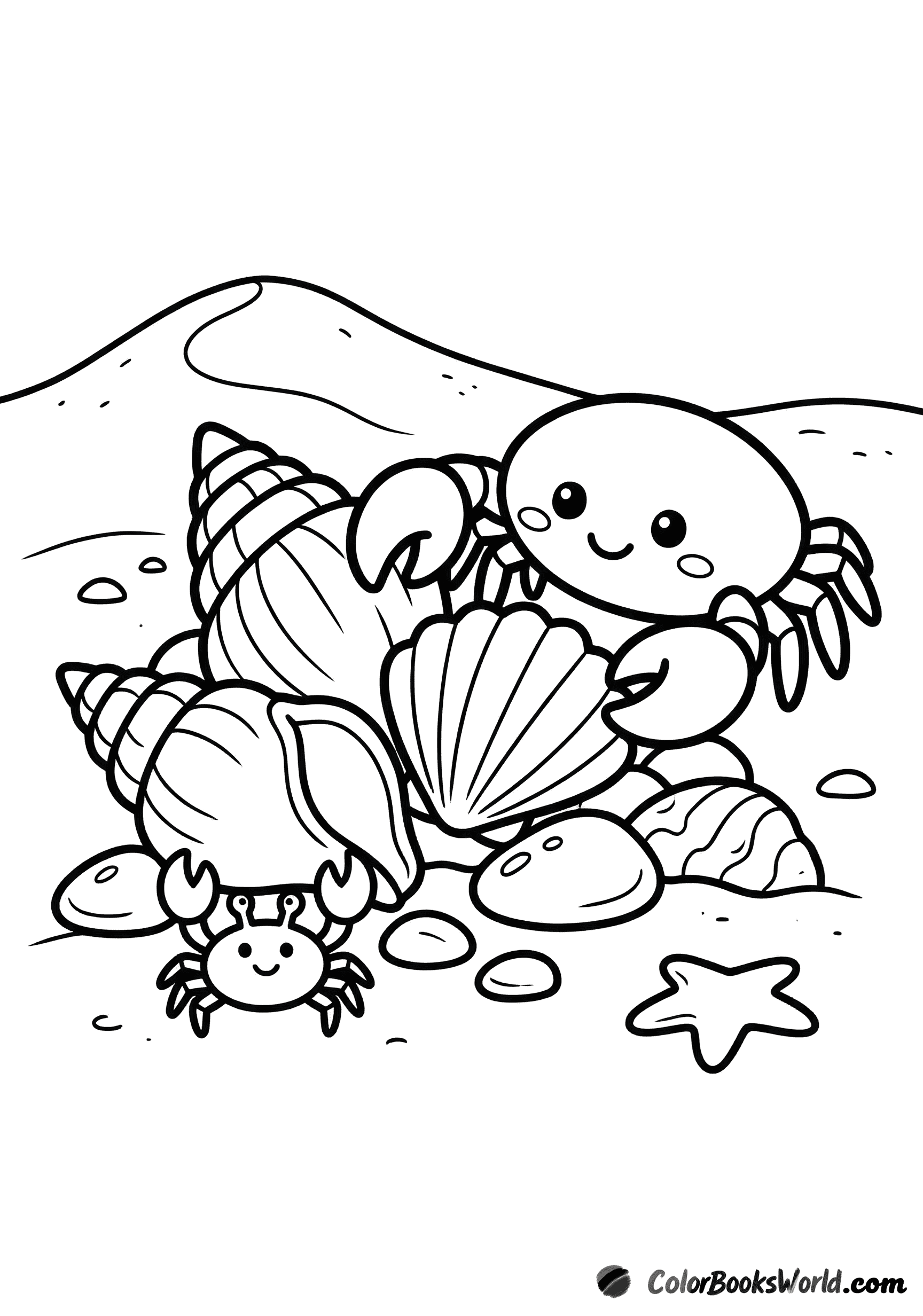 Two cartoon crabs beside large seashells and a small starfish on a sandy beach.
